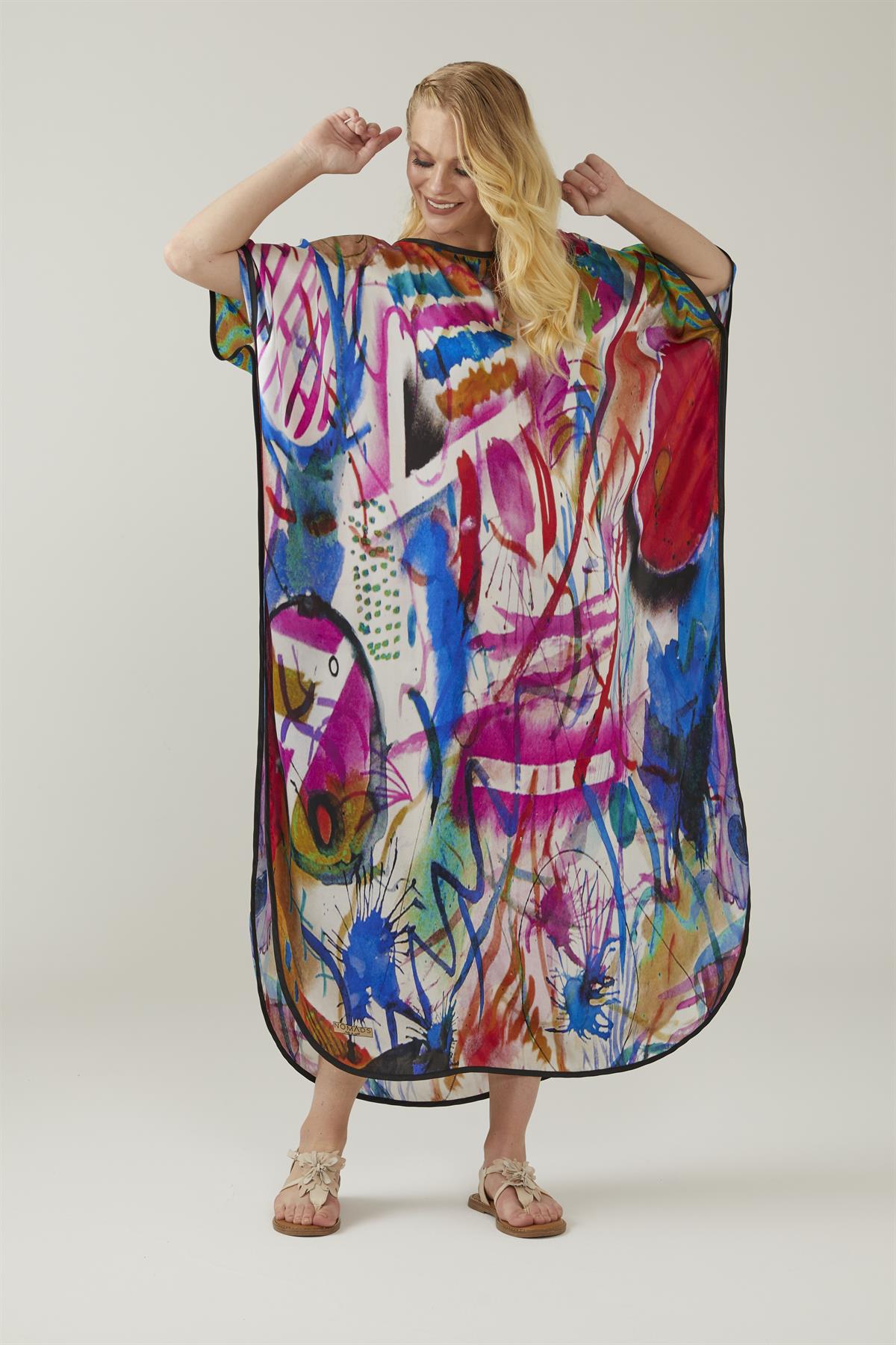 Kandinsky Watercolor Paintings Desenli İpek Elbise