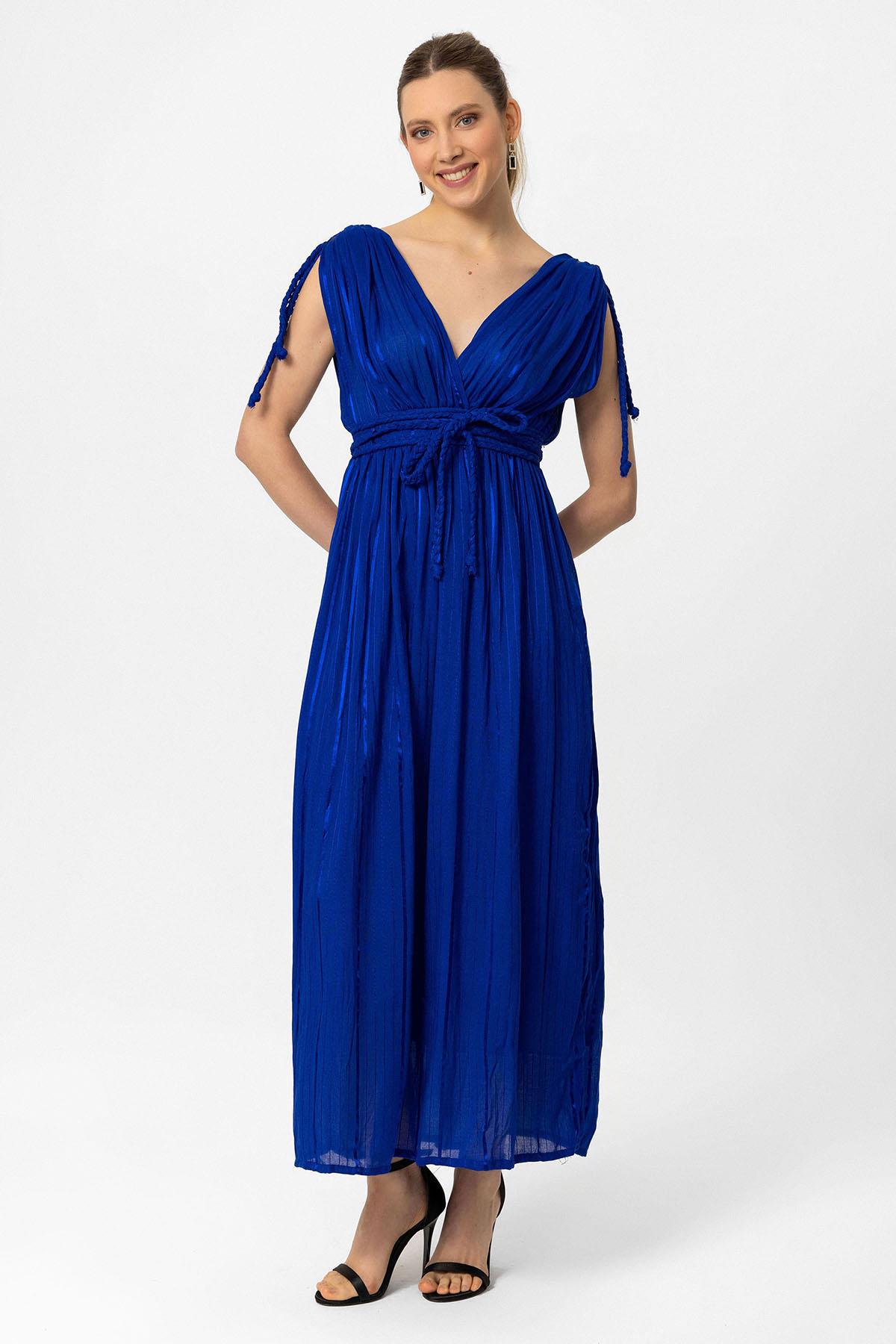 Koyu Mavi Şile Bezi Askılı Uzun Helen Yazlık Astarsız Plaj Pamuklu Elbise