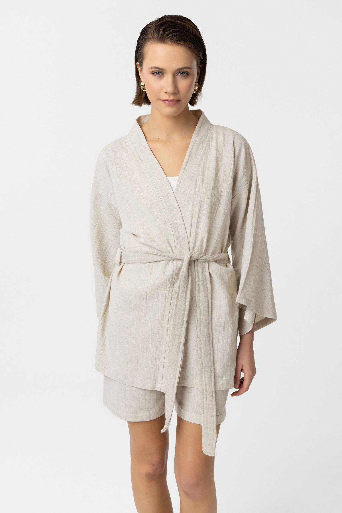 Krem Doğal Keten Şortlu Takım Kimono