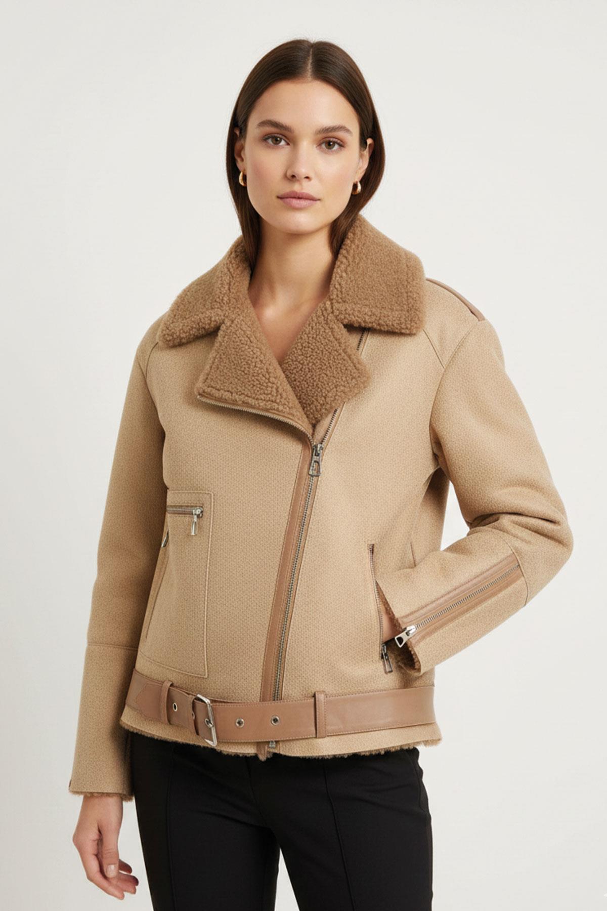 Oslo Bej Hakiki Kuzu Kürkü Fermuarlı Biker Kadın Kaban