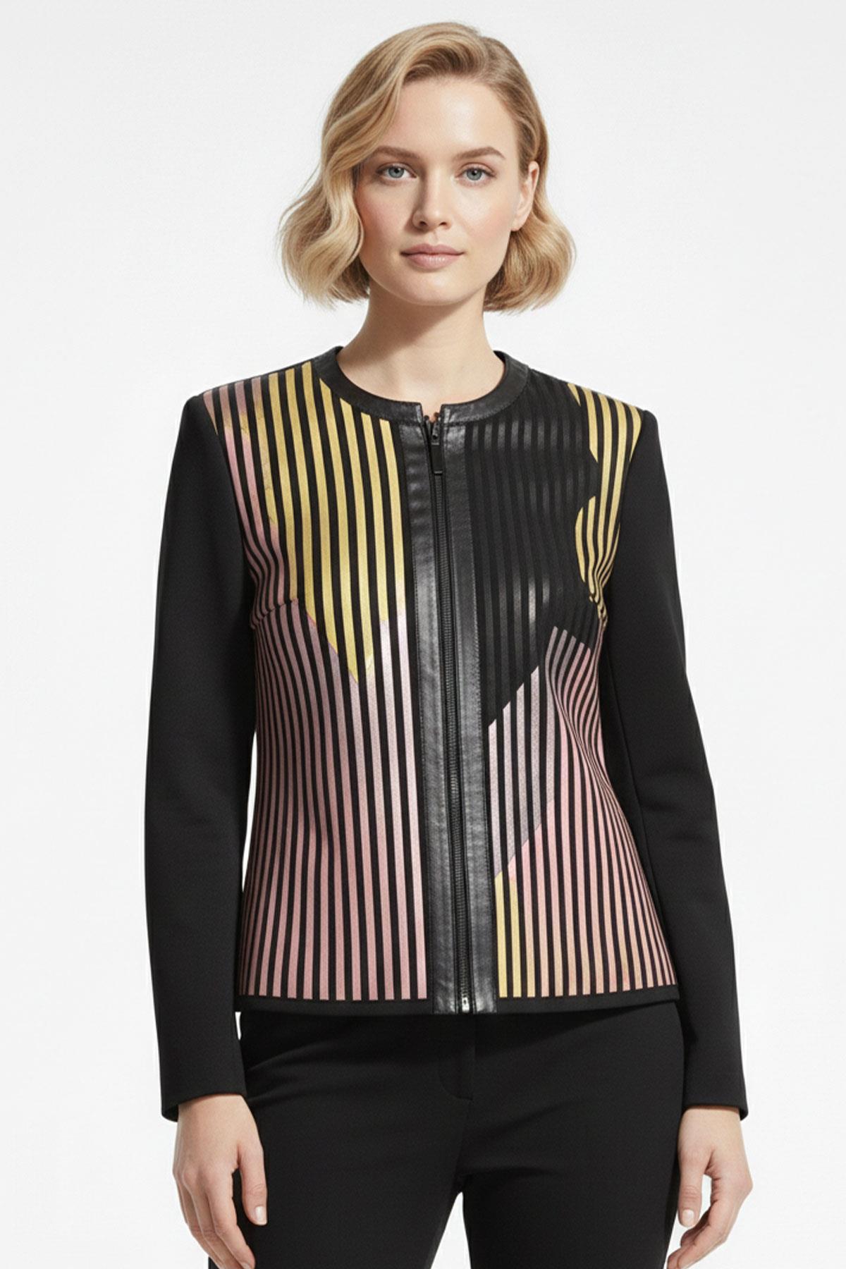 Pembe Sarı Siyah Lona Tül Üzerine Deri Baskılı Kadın Hakiki Deri Ceket