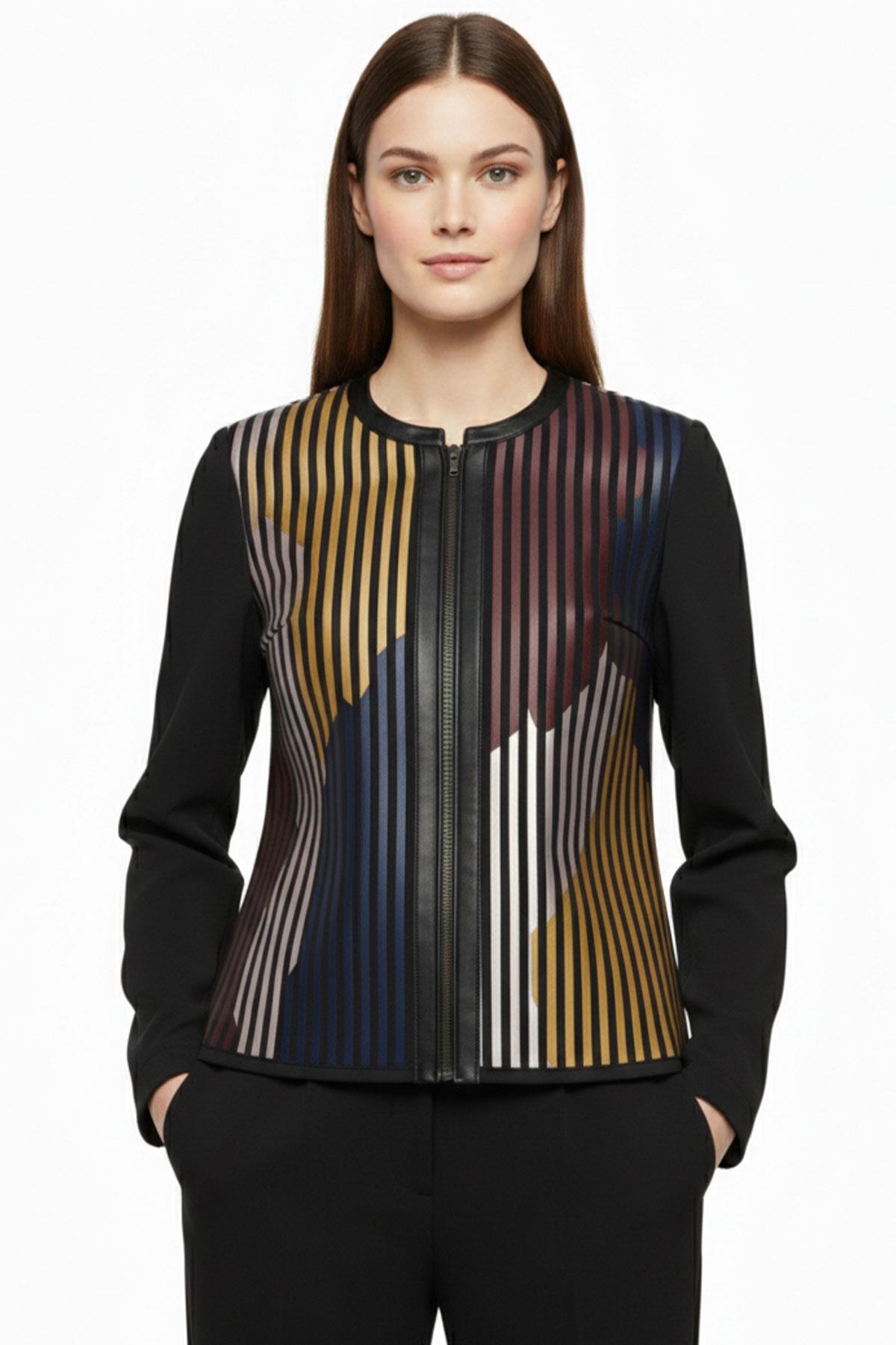 Sarı Bordo Mavi Lona Tül Üzerine Deri Baskılı Kadın Hakiki Deri Ceket