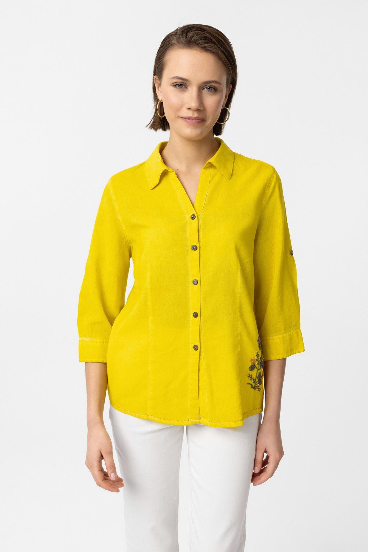 Sarı Şile Bezi İşlemeli Düğmeli Truvakar Kol Pamuklu Gömlek