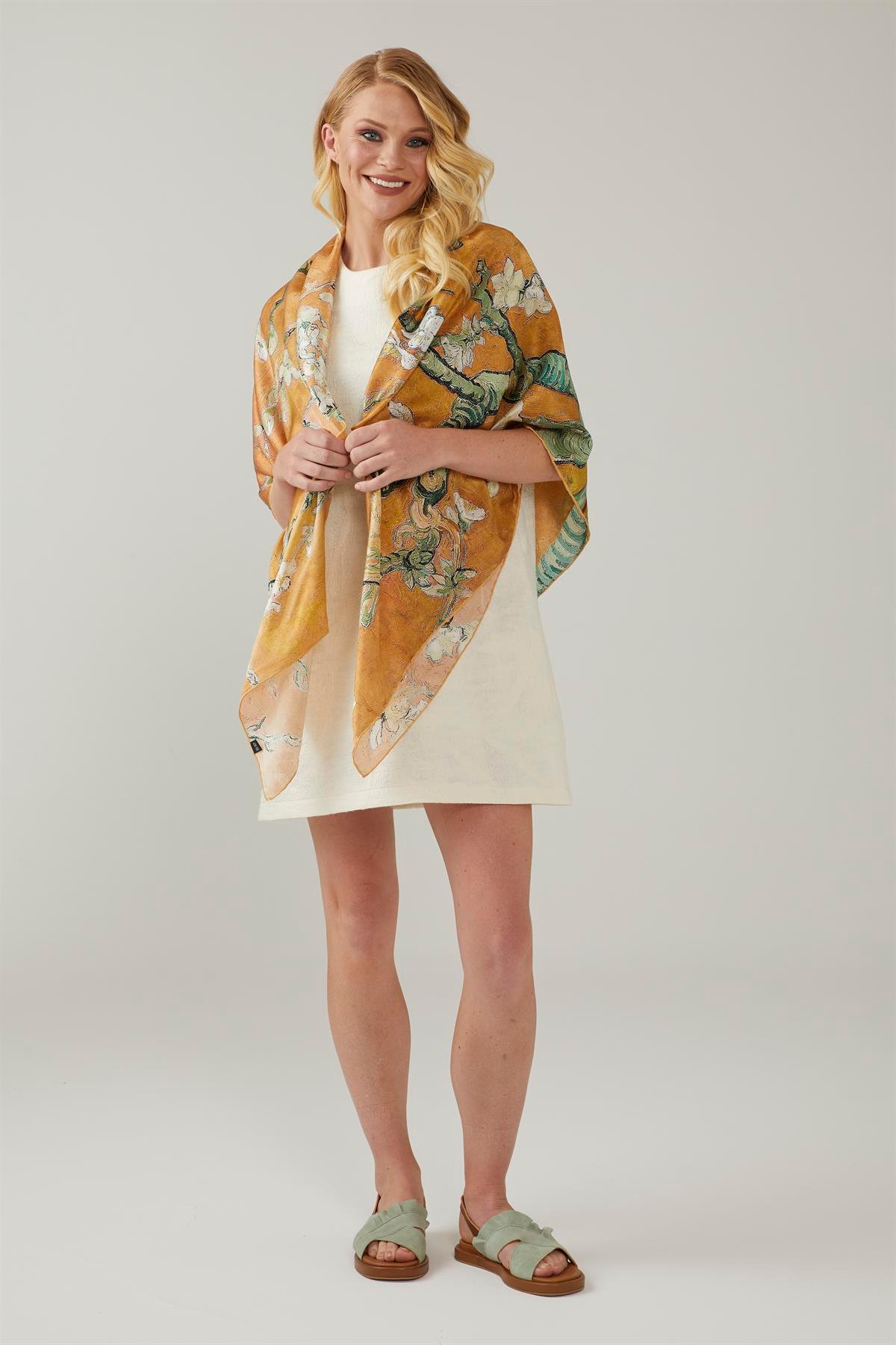 Sarı Van Gogh Almond Blossoms Kare 140x140 Ipek Şal Eşarp