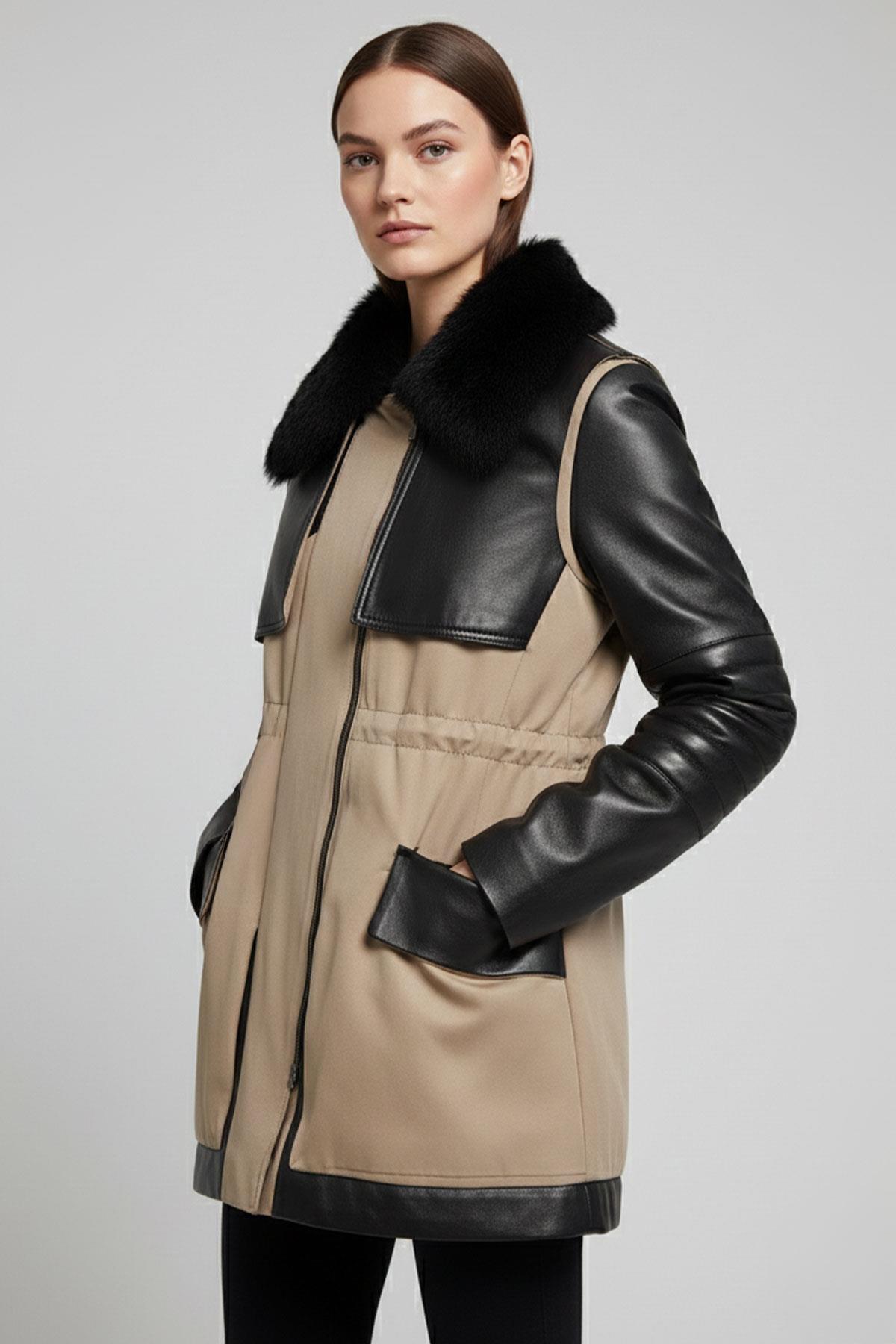 Siyah Georgina Bej Kumaş Garni Fermuarlı Dolgulu Kadın Hakiki Deri Kaban