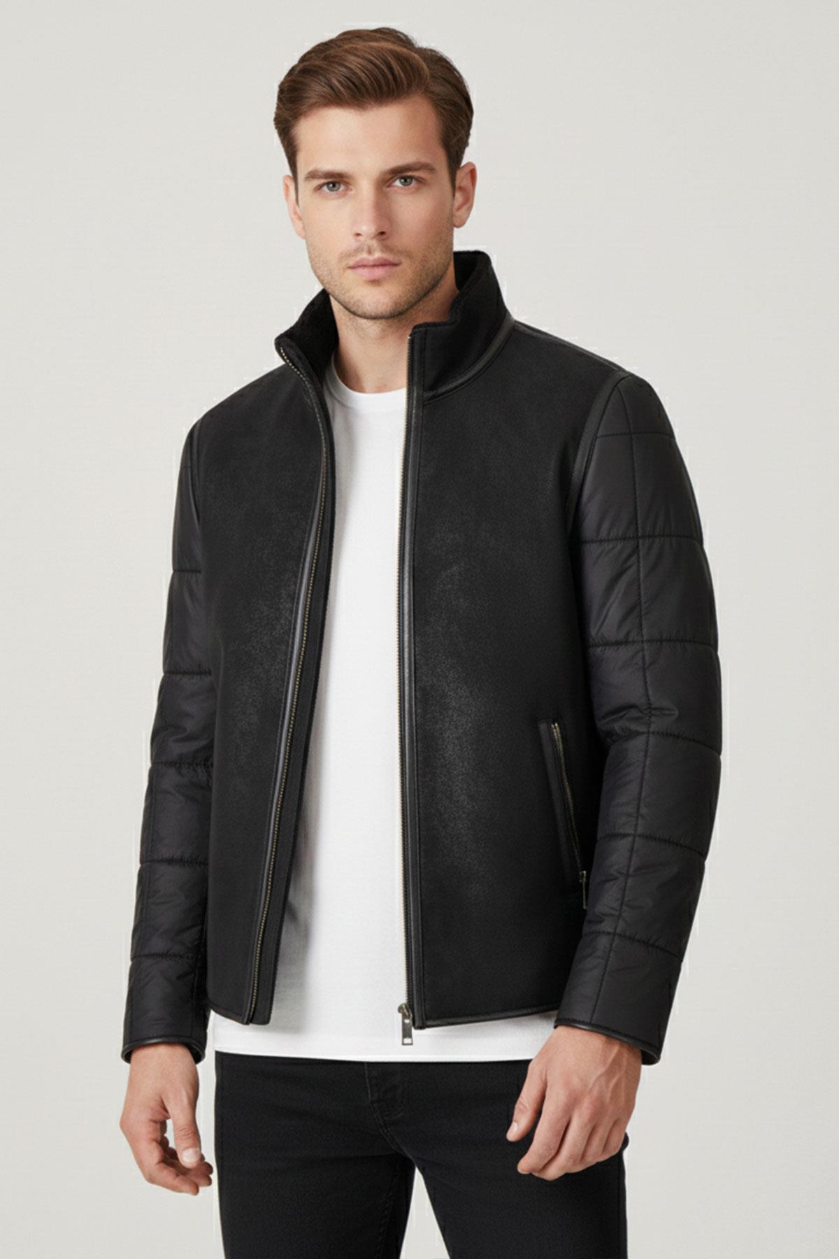 Siyah James Yaka Kürk Arka Beden ve Kollar Kapitone Kumaş Fermuarlı Astarsız Erkek Hakiki Deri Mont