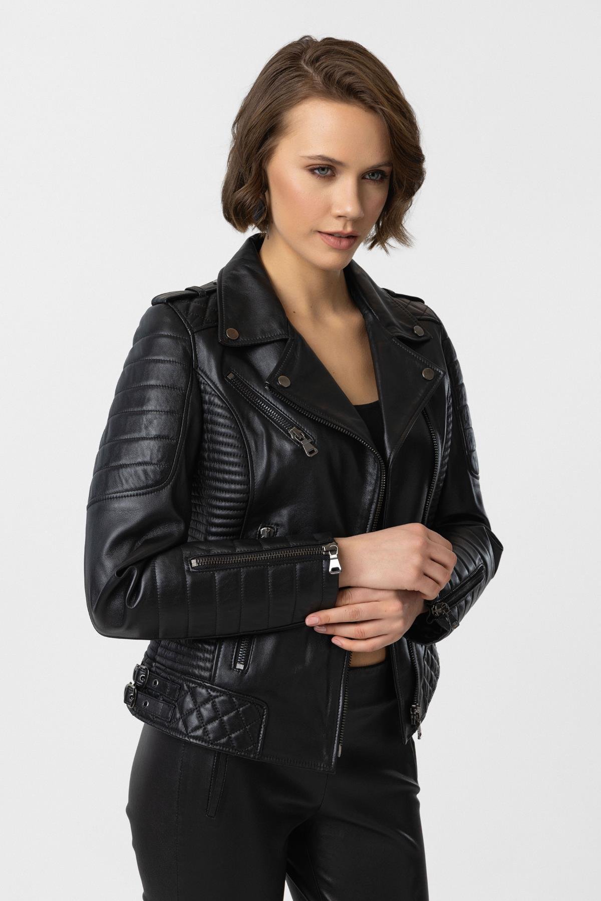 Siyah Laney Biker Motorcu Kadın Fermuarlı Astarlı Dikişli Apoletli Kısa Hakiki Deri Ceket