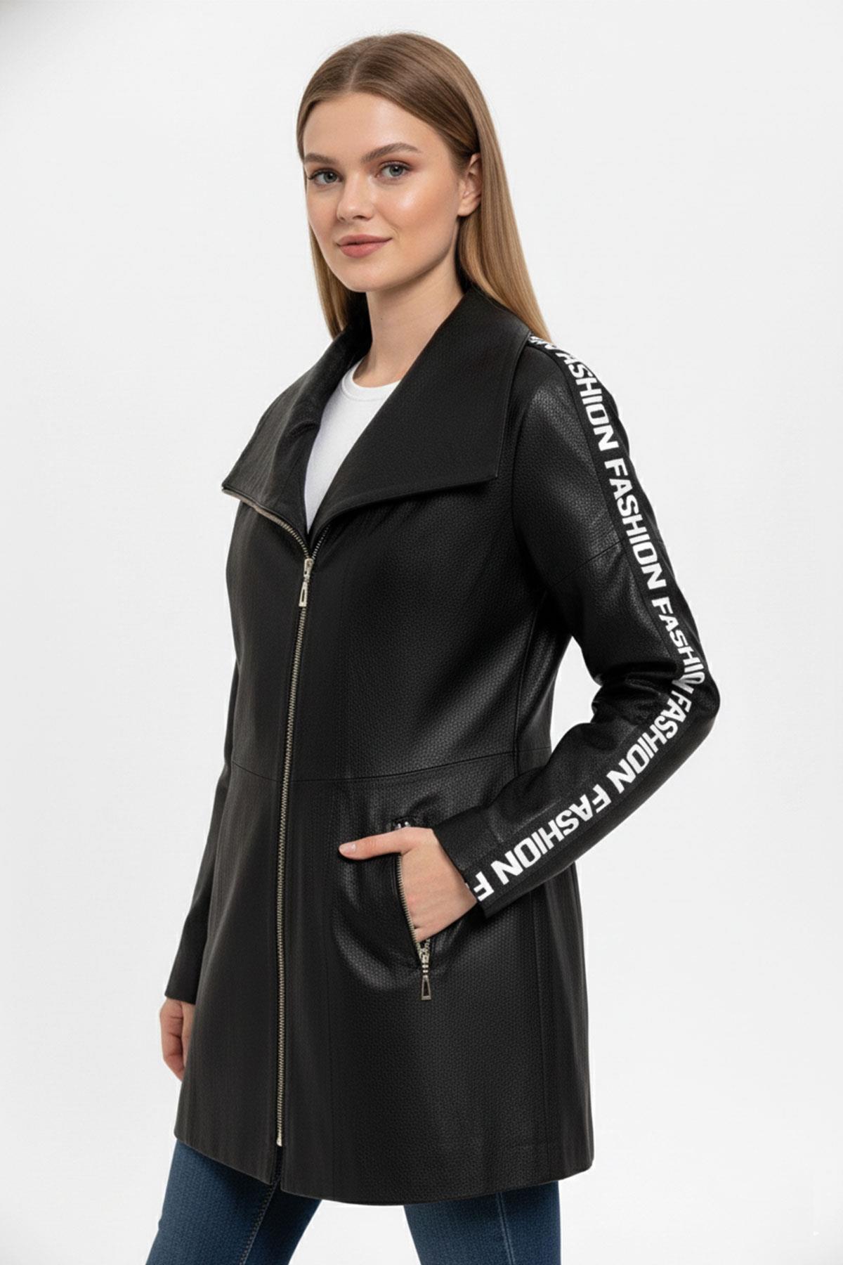 Siyah Lori Önden Çapraz Fermuarlı Kemerli Reglan Kol Fashion Yazılı Hakiki Deri Kadın Kaban