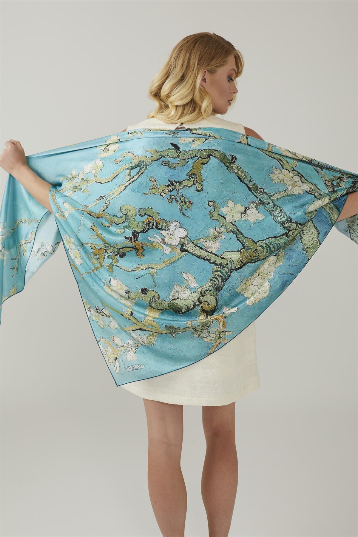 Turkuaz Van Gogh Almond Blossoms Kare 140x140 Ipek Şal Eşarp