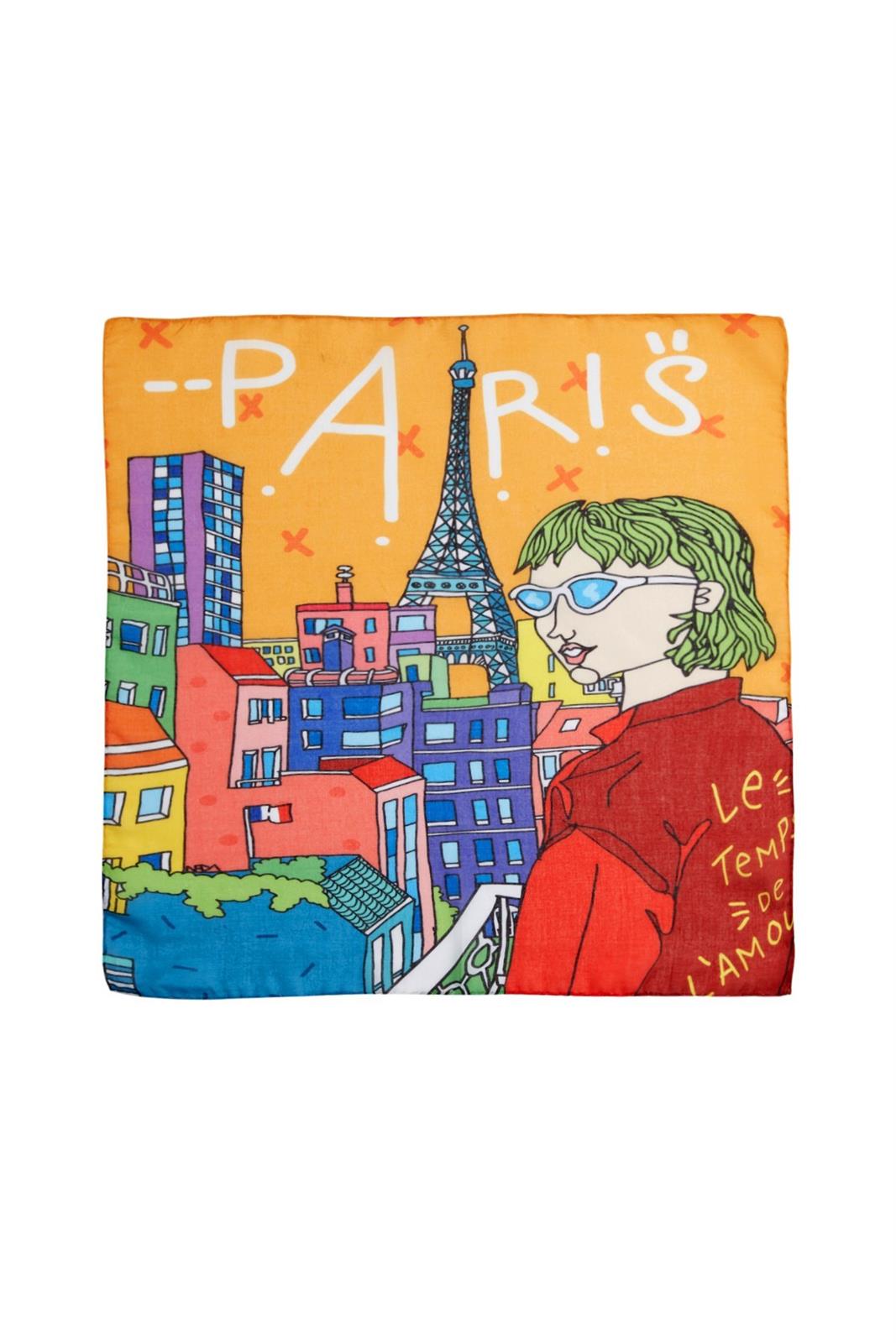 İkigai City Serisi Paris Özel Tasarım El Çizim Renkli Çok Fonksiyonlu Renkli Kare 45X45 Bandana
