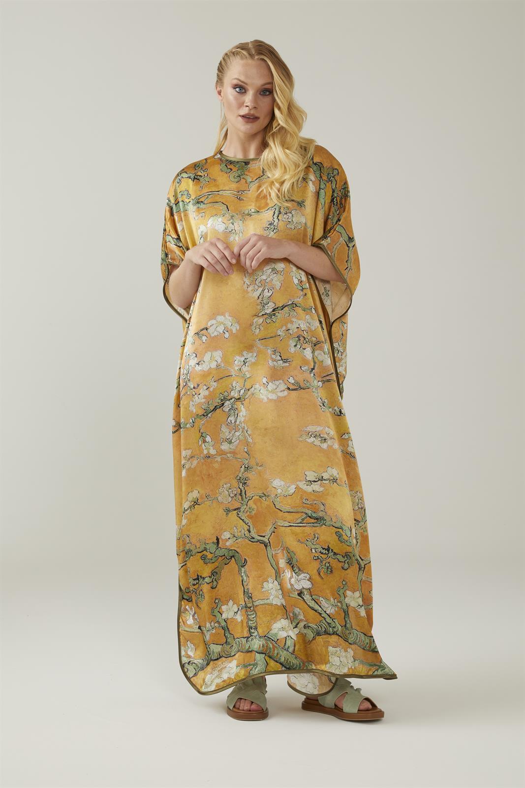 Sarı Van Gogh Almond Blossoms Desenli İpek Elbise