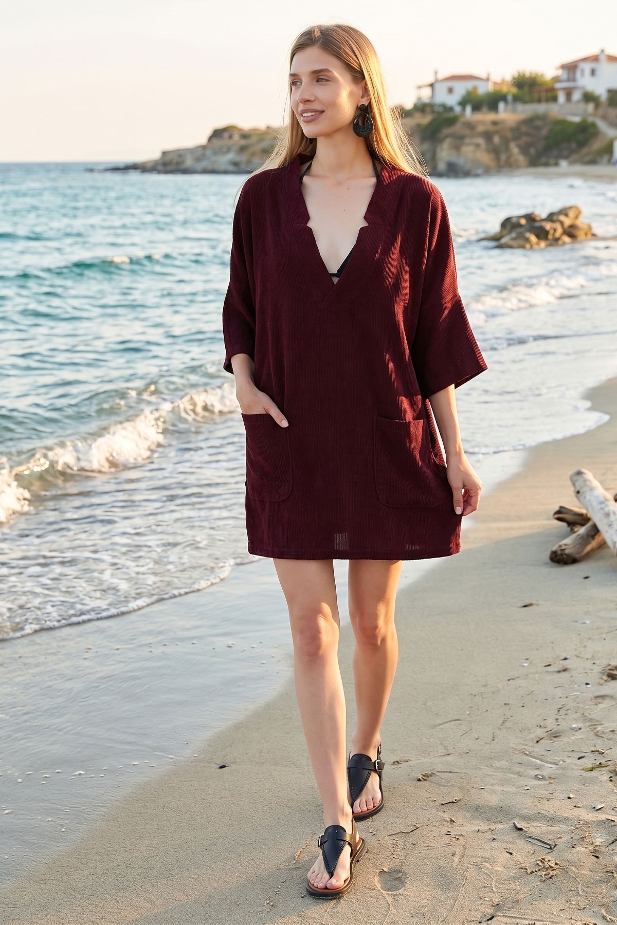 Burgundy Short Sleeve V-Neck Loose Fit Cotton Beach Dress with Pouch Pockets