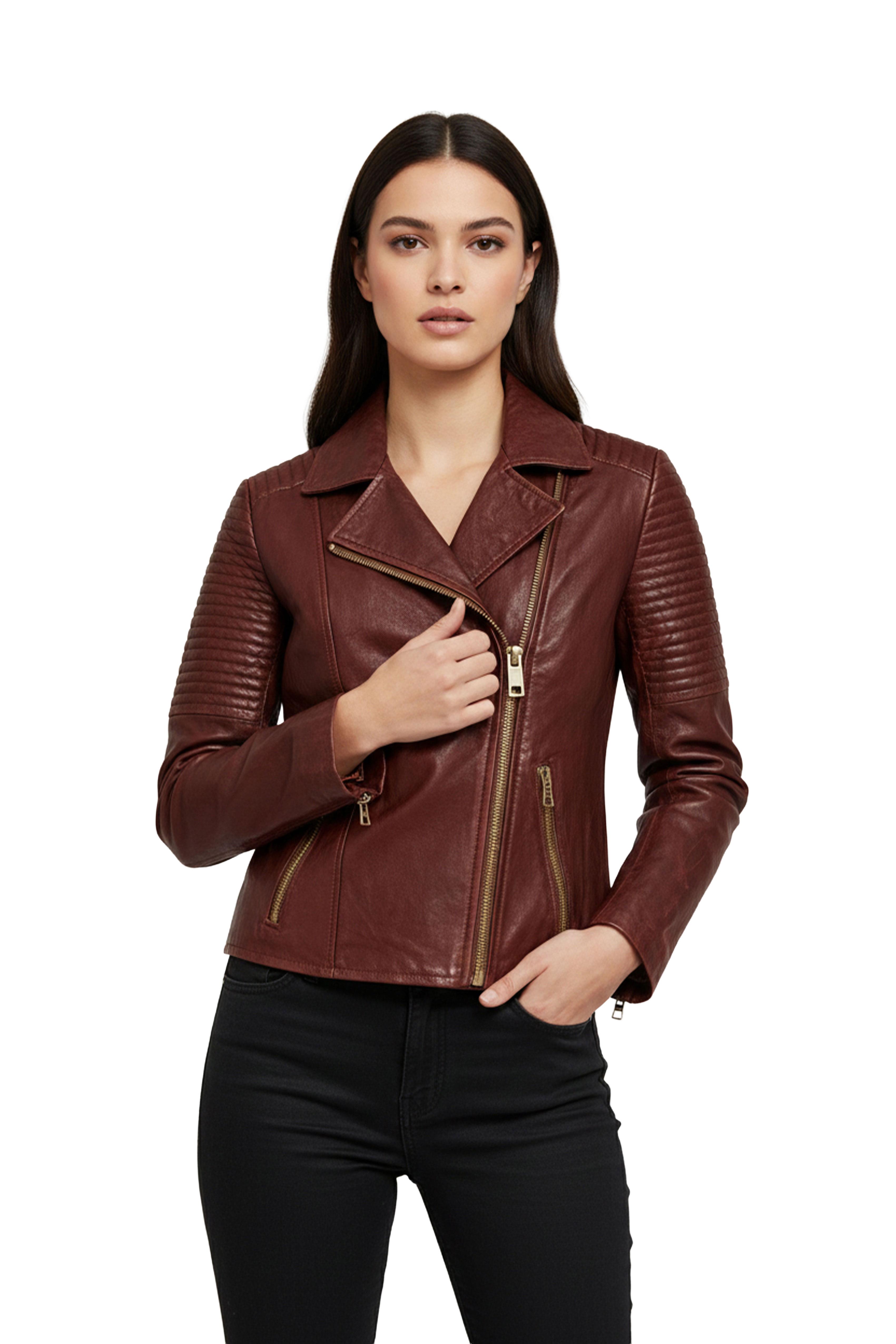 Agnes Bordo Kadın Biker Hakiki Deri Mont