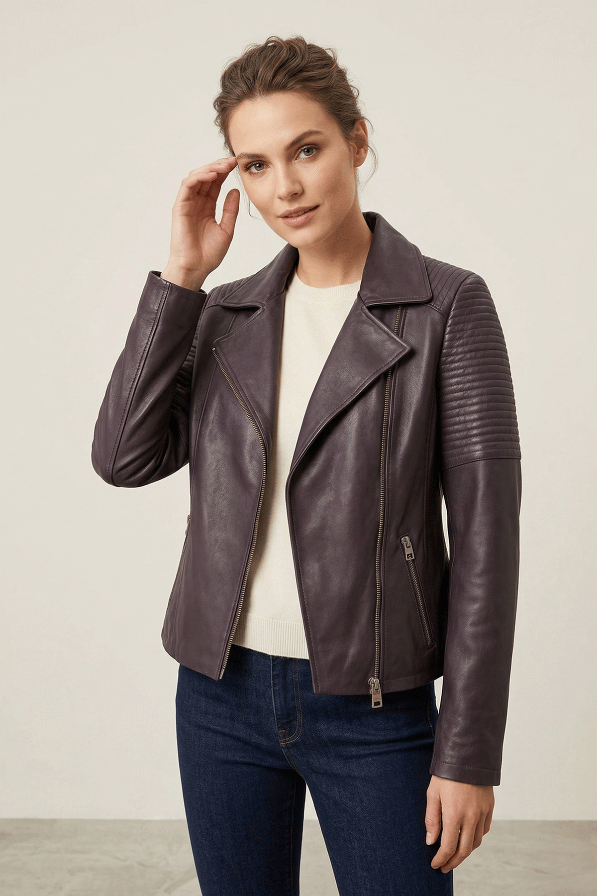 Agnes Mor Kadın Biker Hakiki Deri Mont
