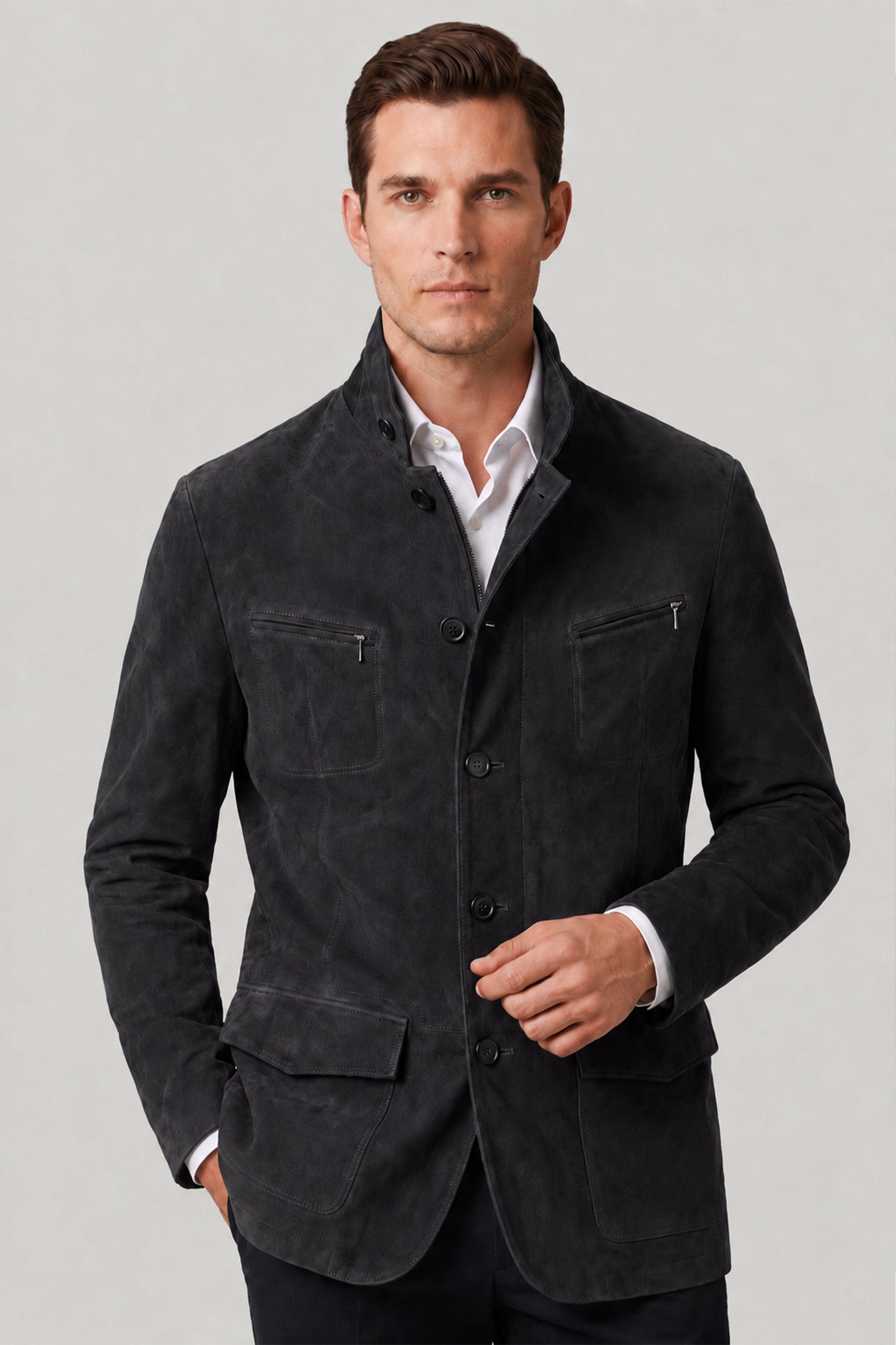 Antrasit Aldo Erkek Astarlı Slim Fit Dar kesim Fermuarlı ve Düğmeli Blazer Hakiki Süet Ceket