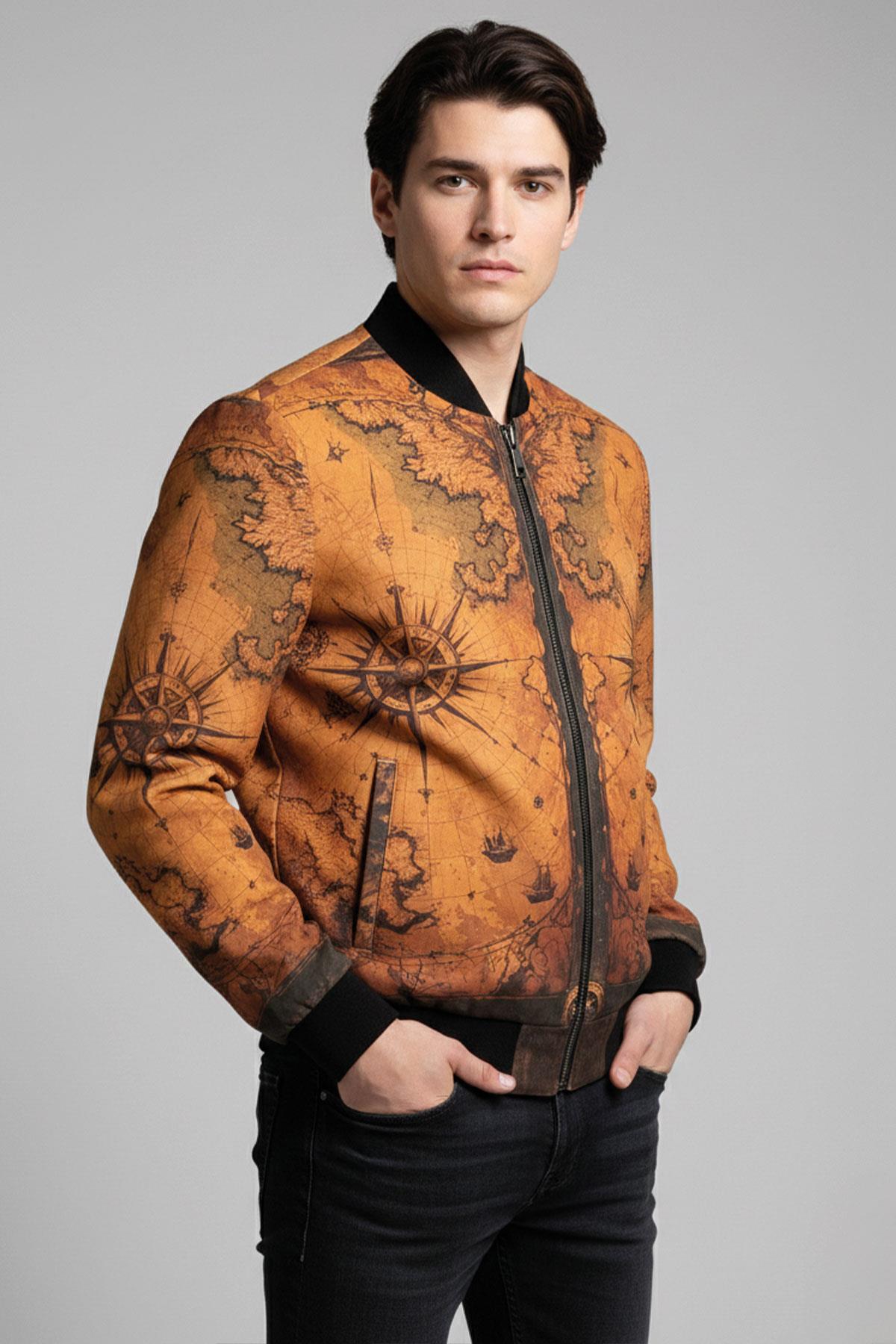 Atlas Taba Harita Desenli Dik Yaka Fermuarlı Astarlı Erkek Hakiki Deri Ceket