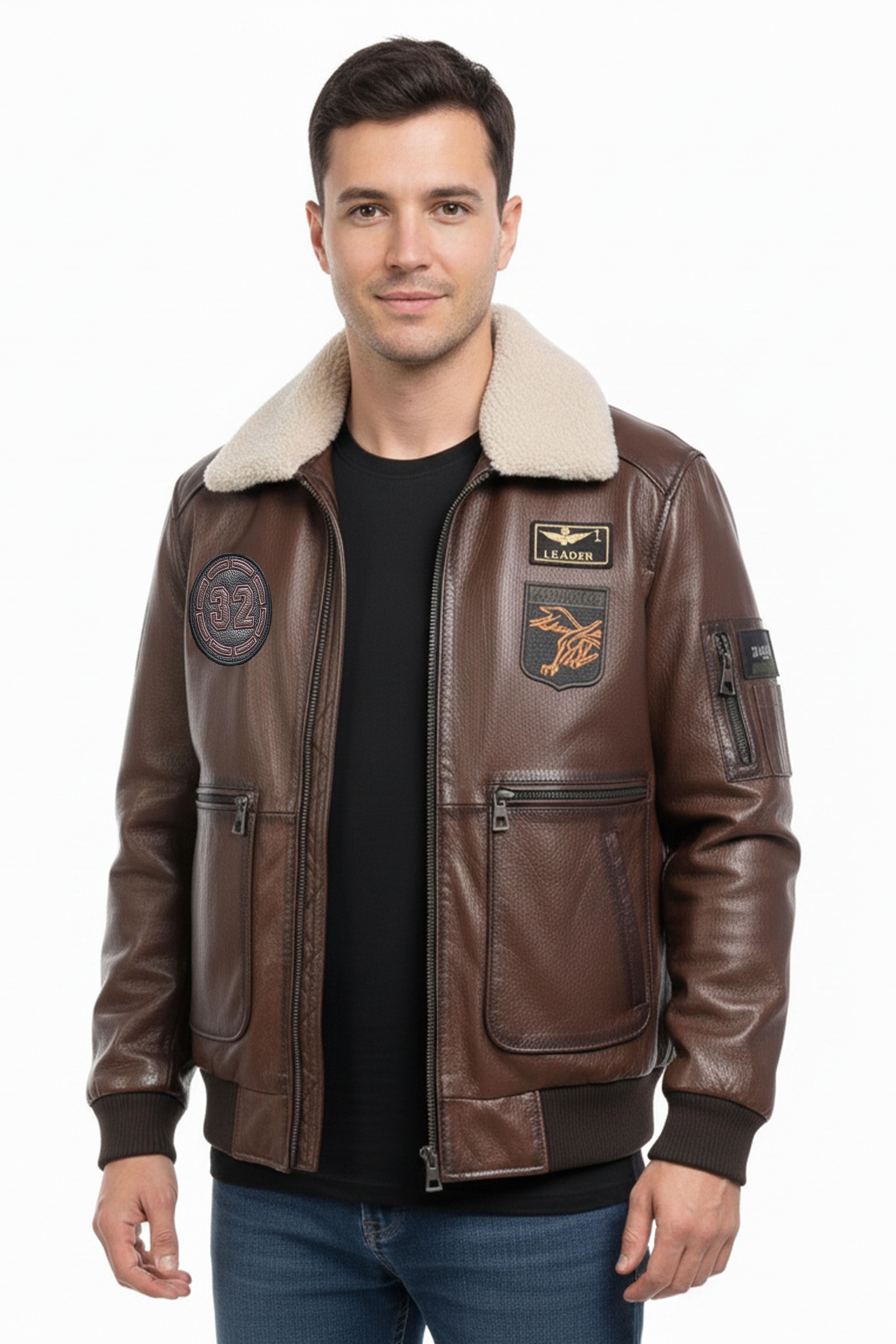 Aviator 32 Kahverengi Hakiki Deri Yamalı Erkek Bomber Mont