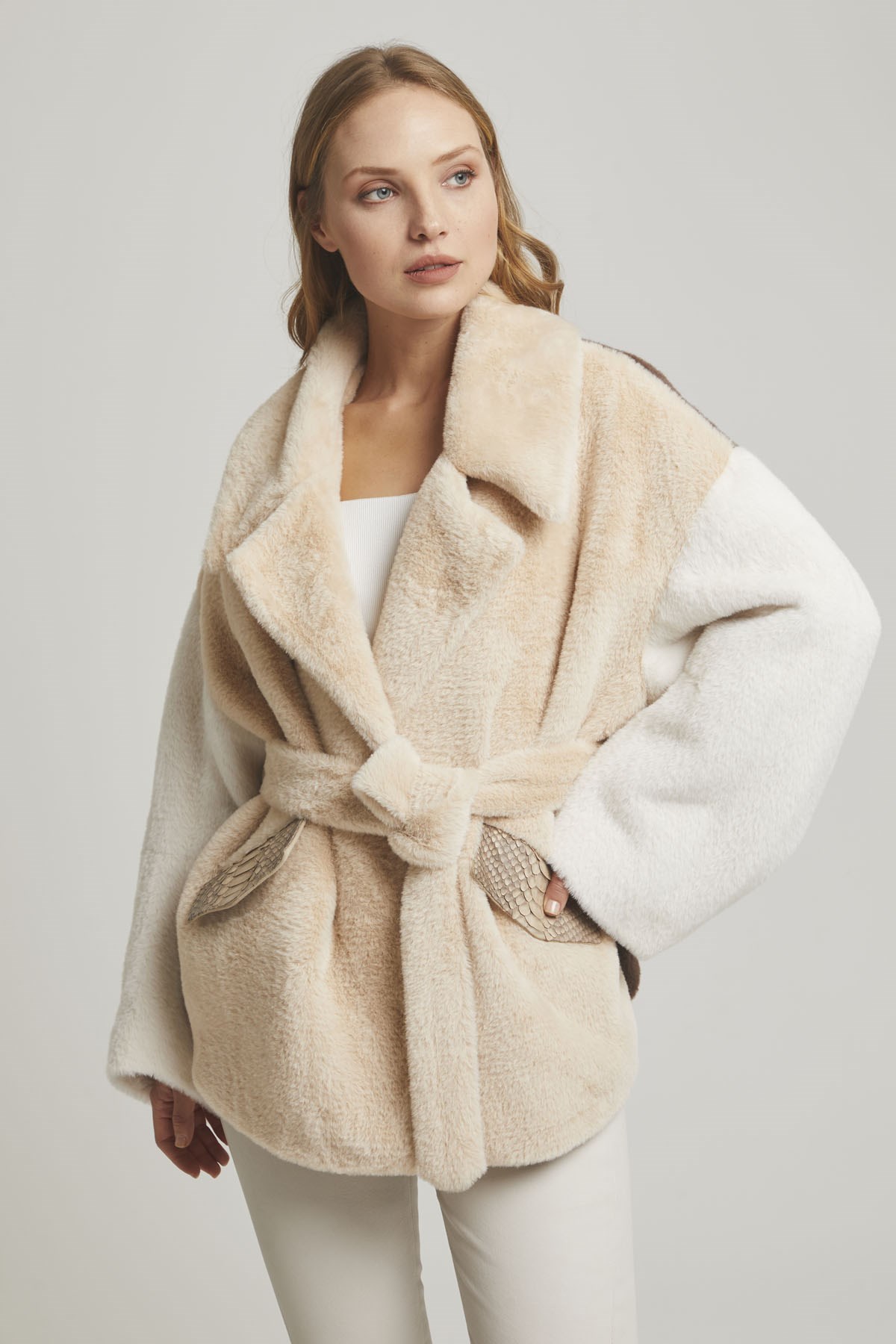 Beige Fragile Women's Fur Coat