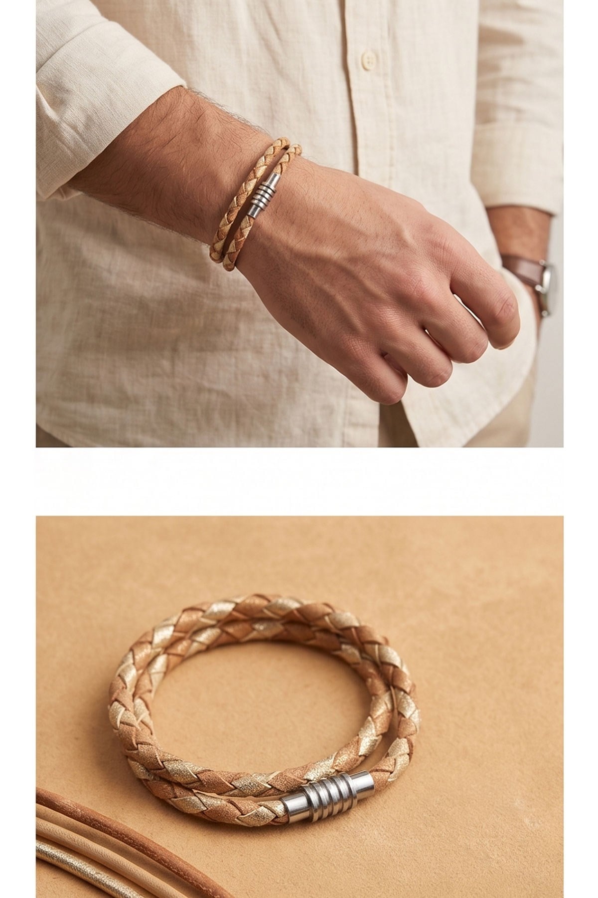 Beige Brown Knitted Leather Bracelet