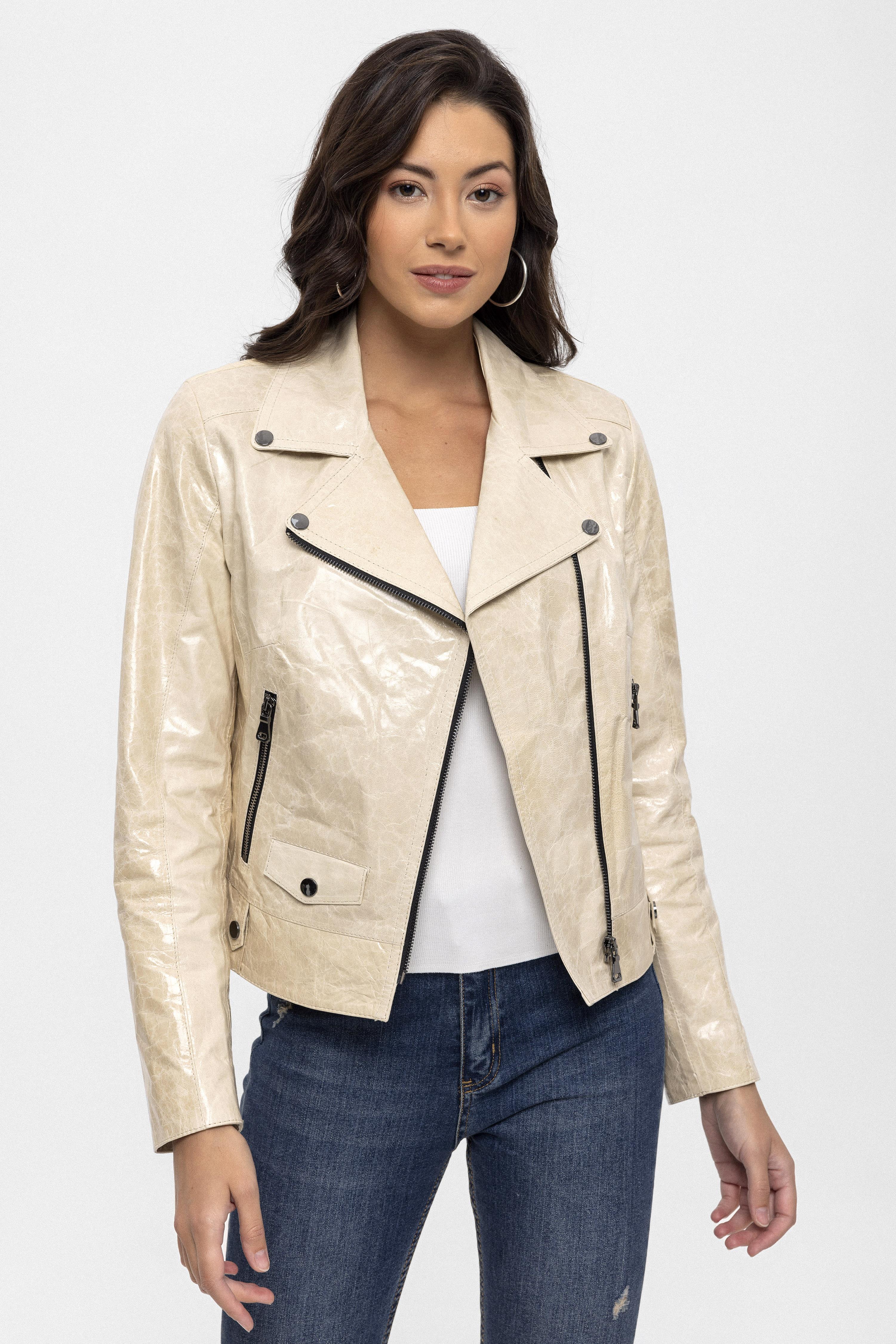 Bej Merlot Çıt Çıt Detaylı Yandan Fermuarlı Biker Motorcu Hakiki Deri Kadın Mont