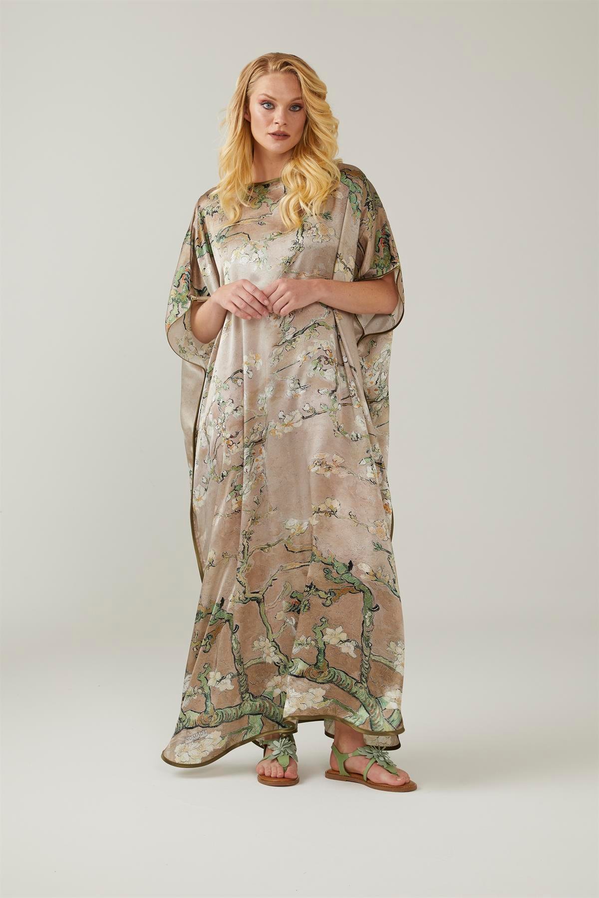 Bej Van Gogh Almond Blossoms Desenli İpek Elbise