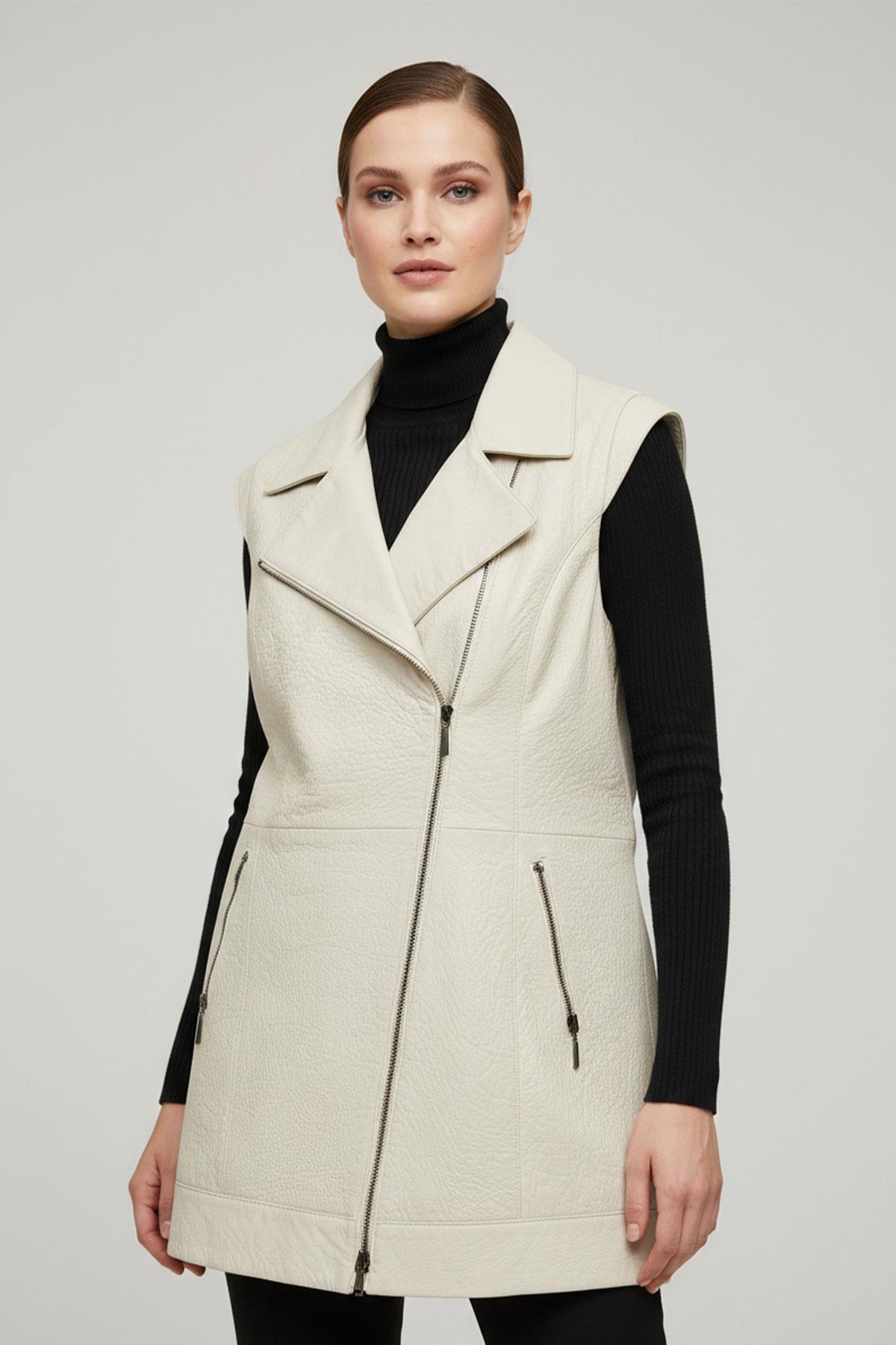 White WomenS Sleeves Knitted Leather Vest