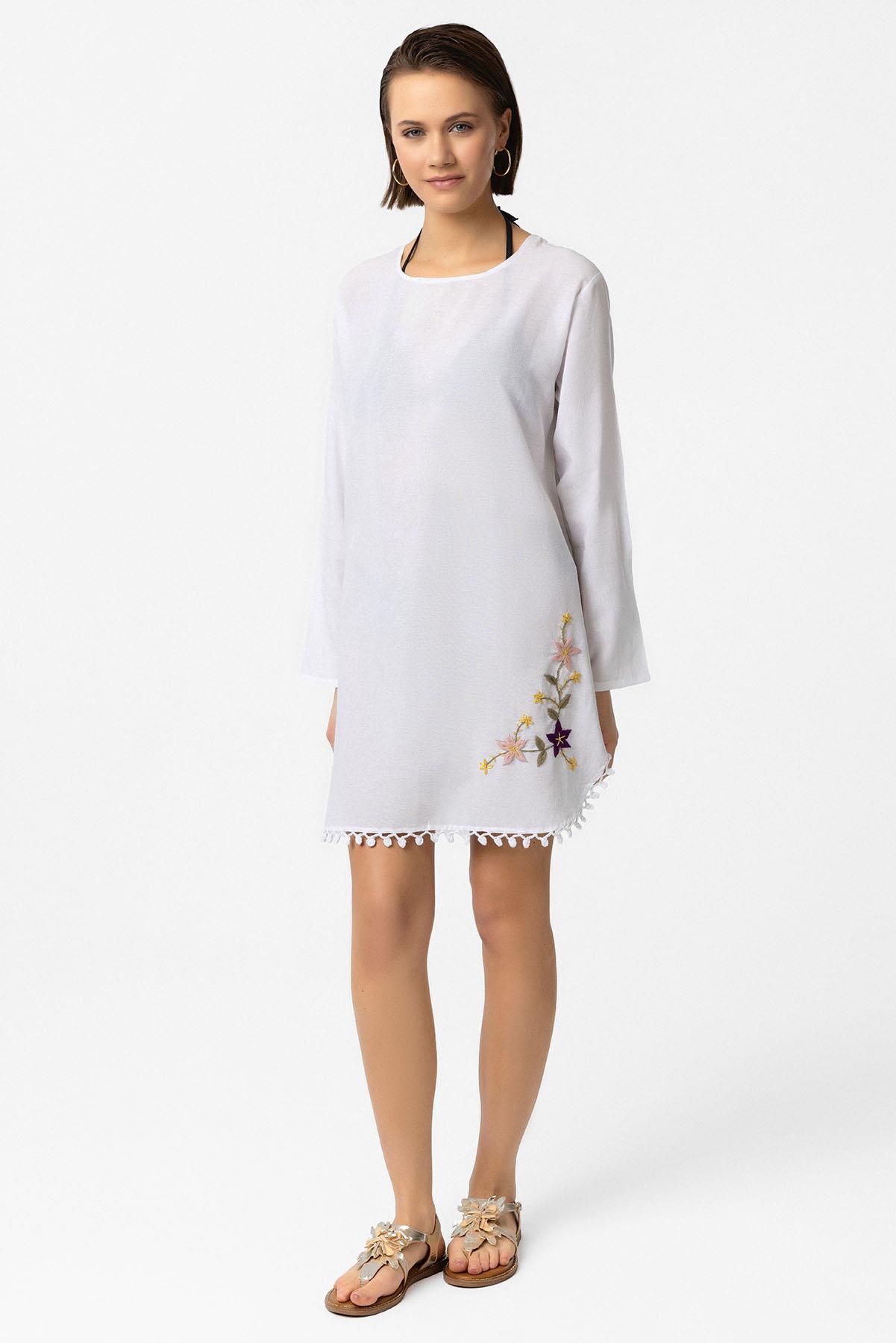 Beyaz Nakış İşlemeli Uzun Kollu Pamuklu Bluz Elbise