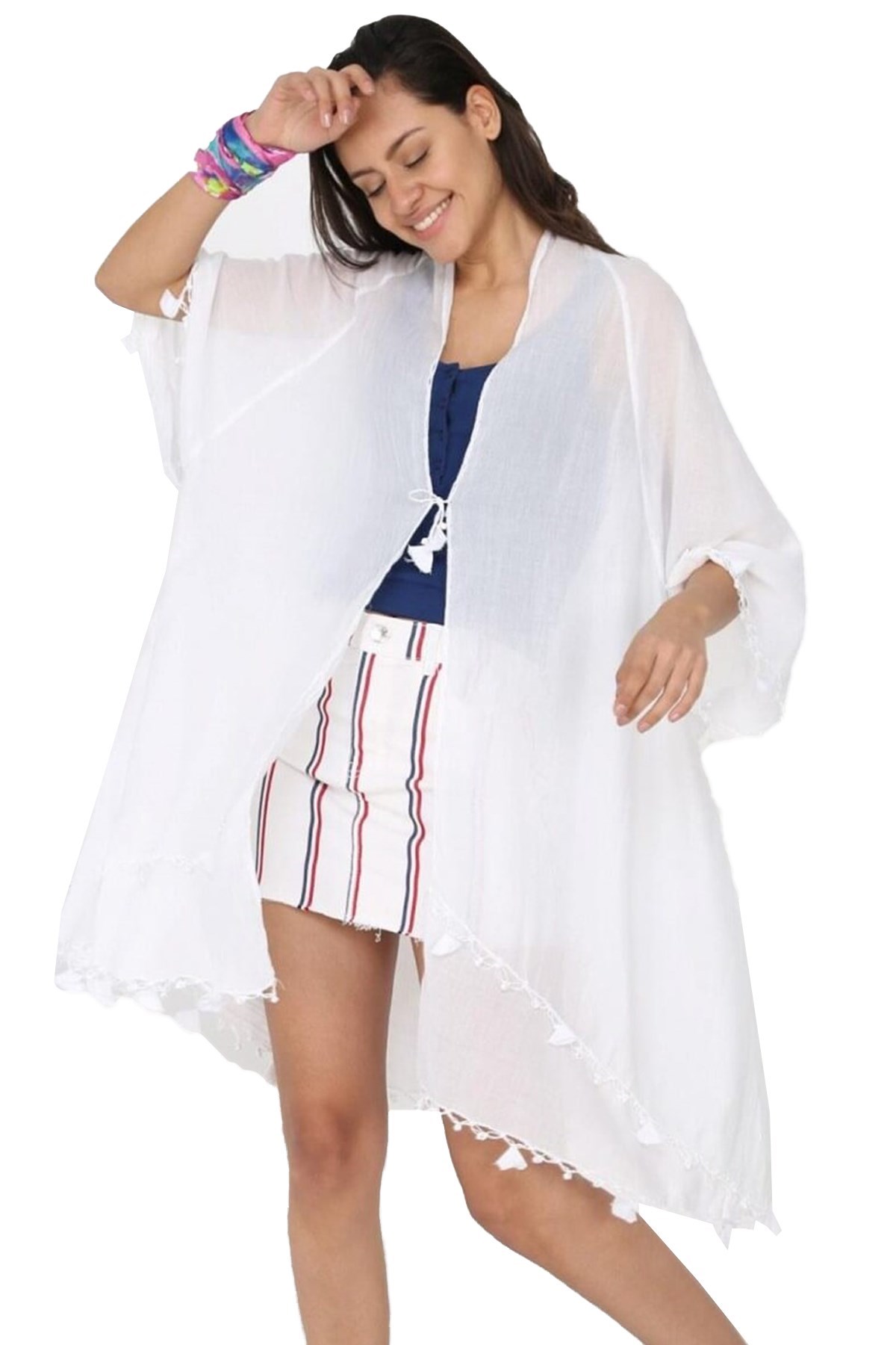 Beyaz Şile Bezi İşlemeli Kimono