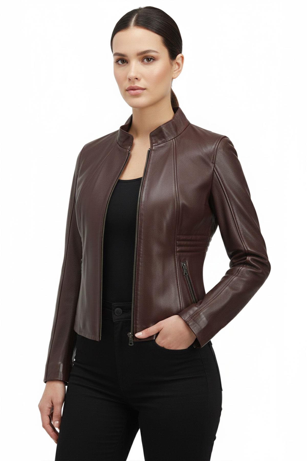 Bordo Lotus Fermuarlı Astarlı Kısa Omuzda Ve Kolda Dikişli Kadın Hakiki Deri Mont