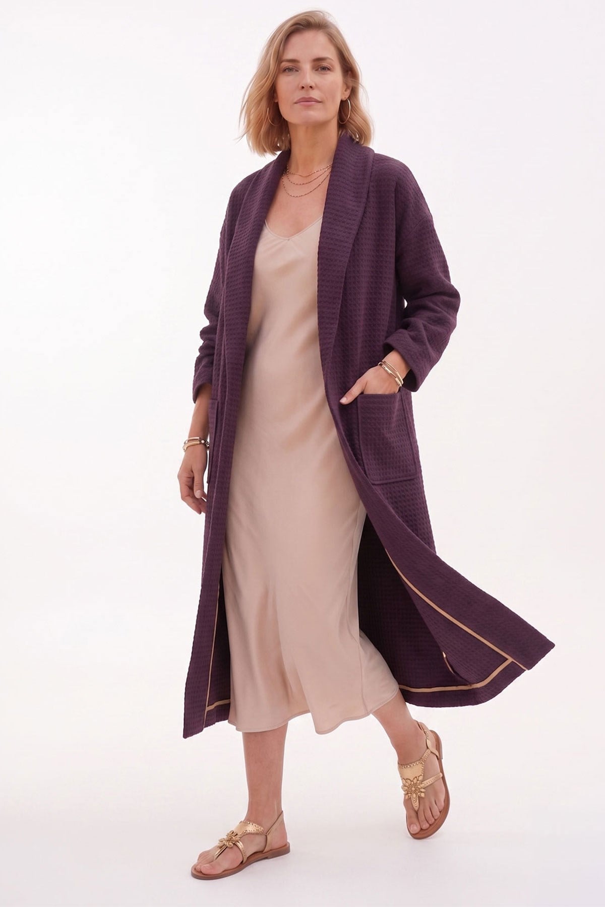 Bordo Şal Yaka Uzun Dokulu Kaftan