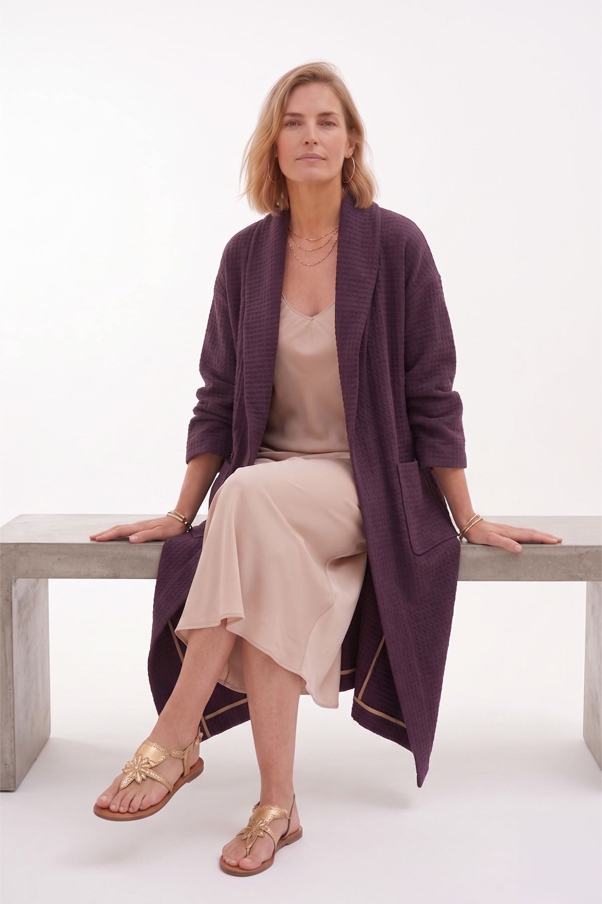 Bordo Şal Yaka Uzun Dokulu Kaftan