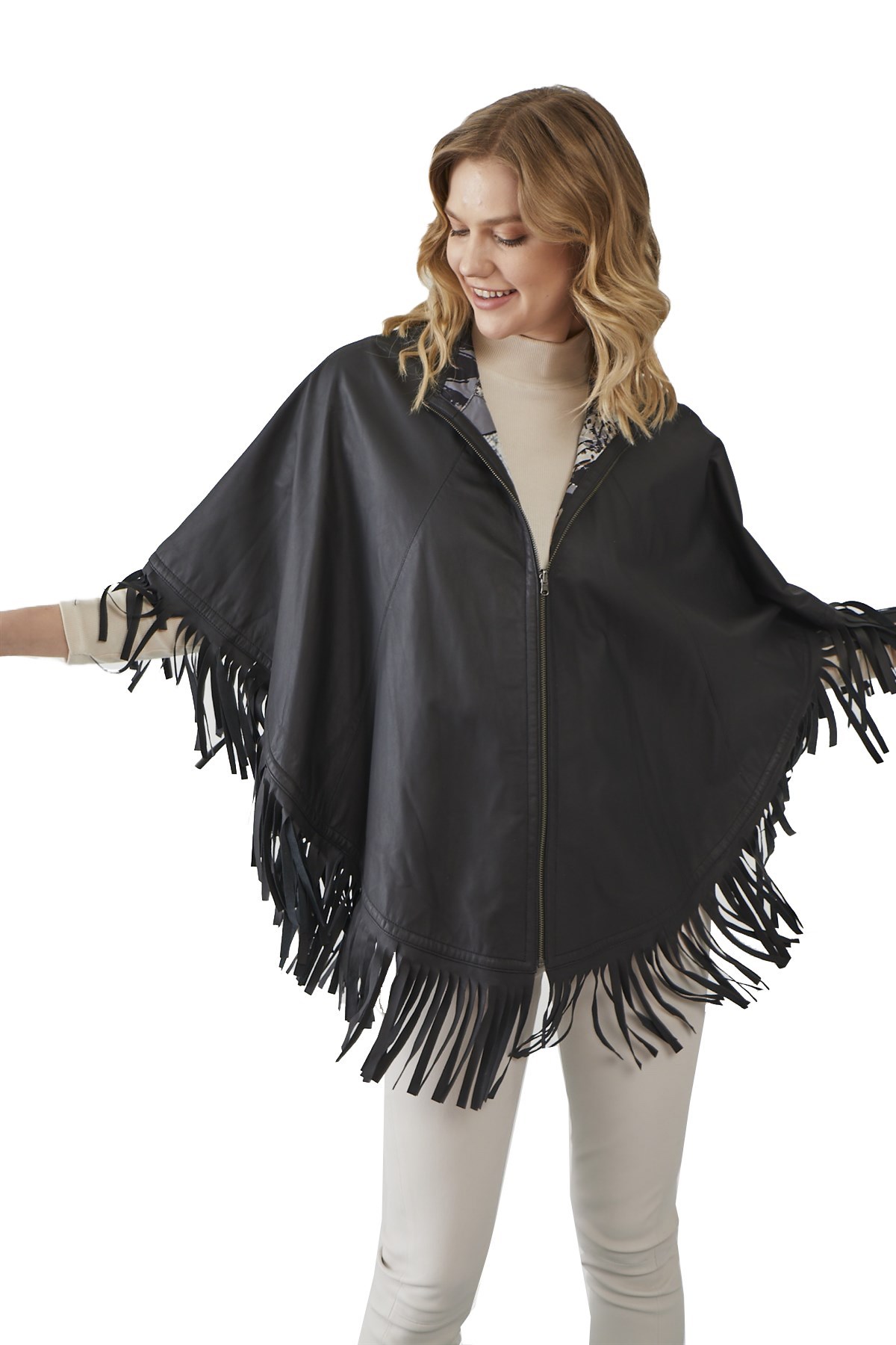 Dawn Kadın Çift Taraflı Deri Panço