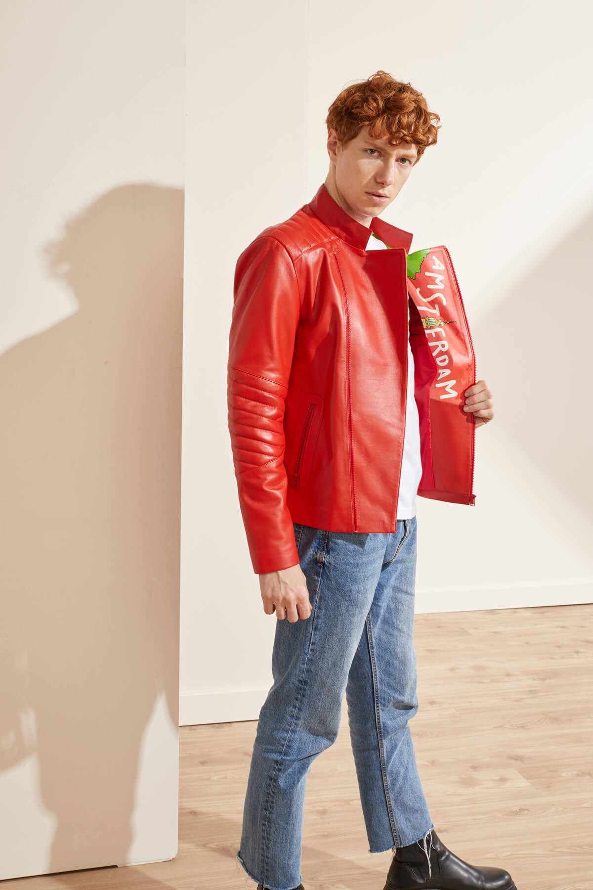 Kırmızı Amsterdam Baskılı Erkek Deri Ceket | Gerçek Deri Gerçek Moda |  Deriderim