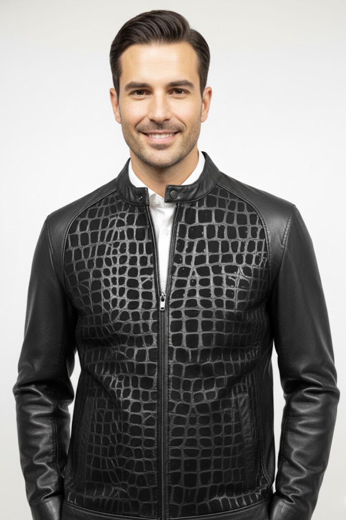 Ethan Deri Görünümlü Fermuarlı Erkek Ceket – Siyah