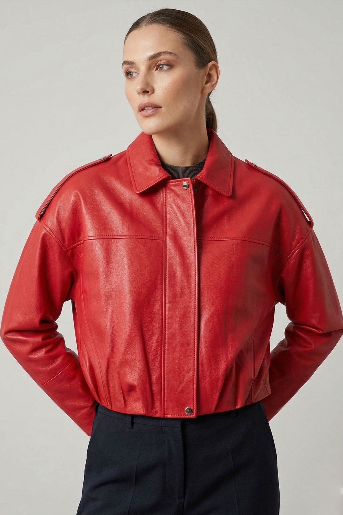Fuşya Hakiki Deri Oversize Crop Kemerli Omuz Apolet Detaylı Kadın Ceket