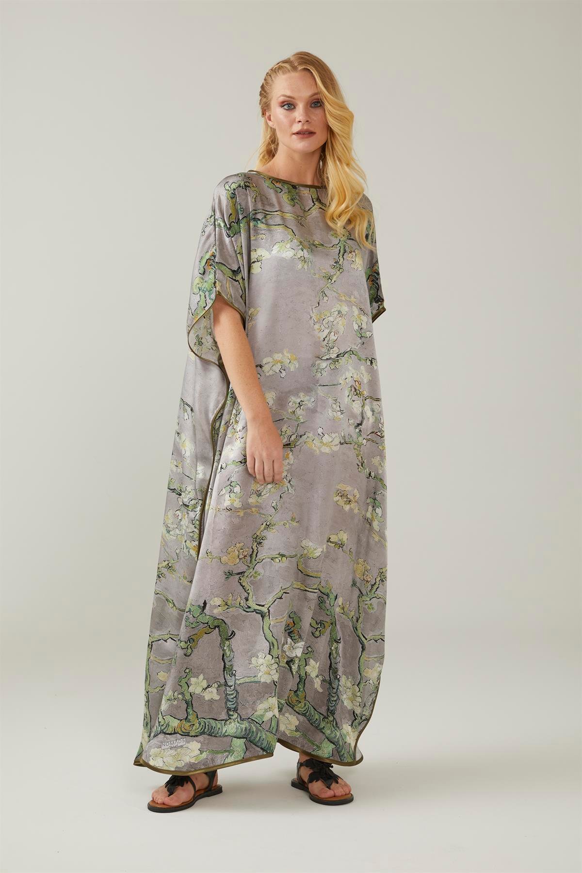 Gri Van Gogh Almond Blossoms Desenli İpek Elbise