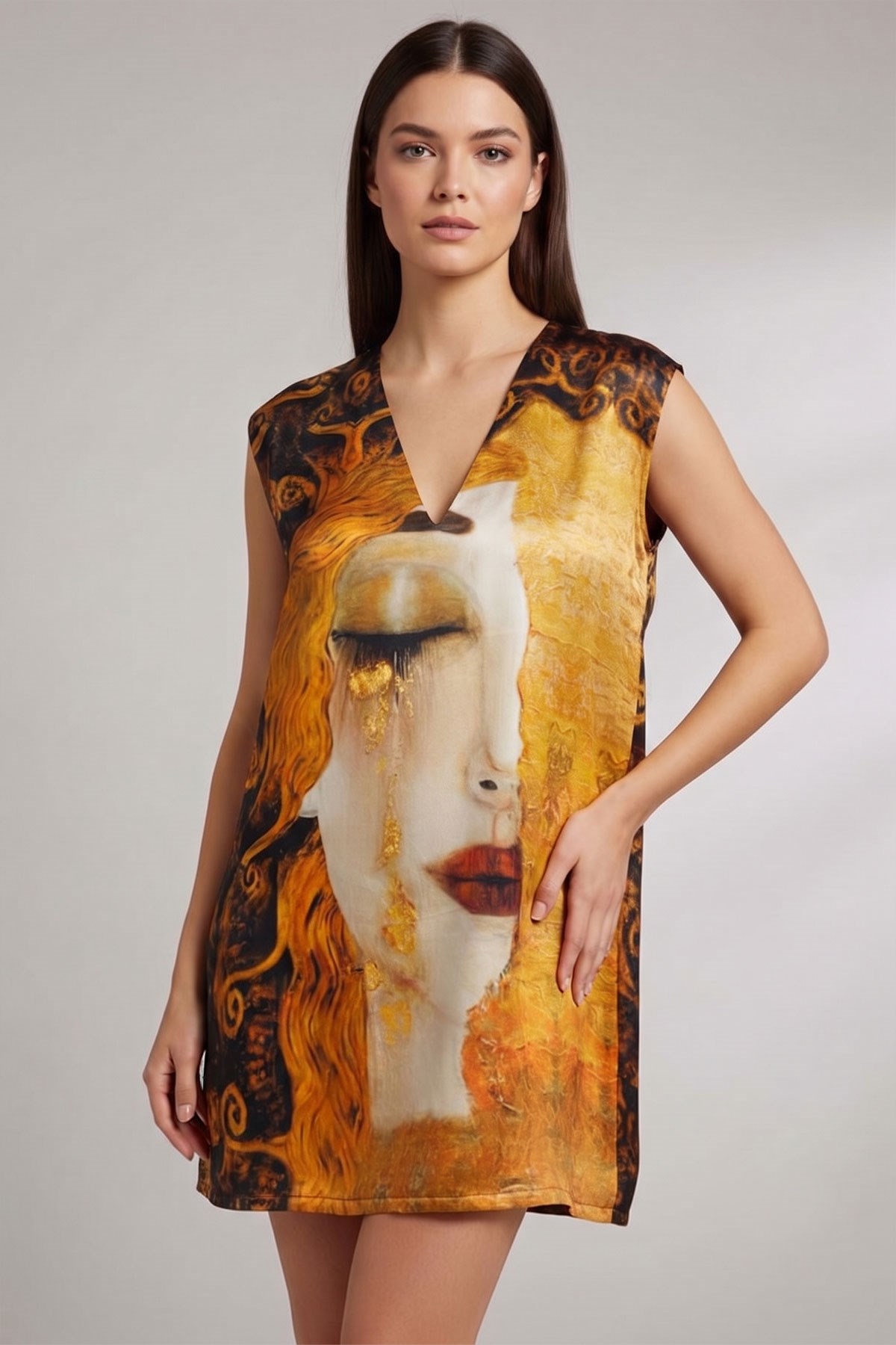 Gustav Klimt Ağlayan Kadın Sanat Baskılı İpek Elbise