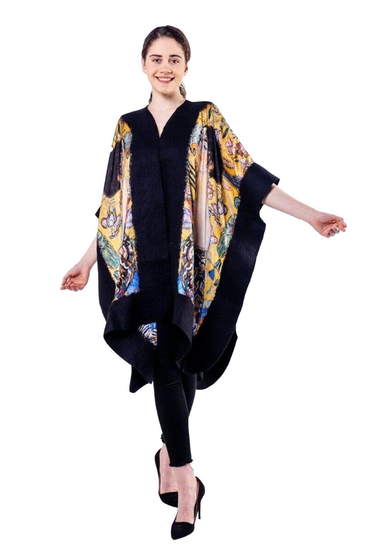 Gustav Klimt Lady With Fan Siyah İpek Keçe Panço
