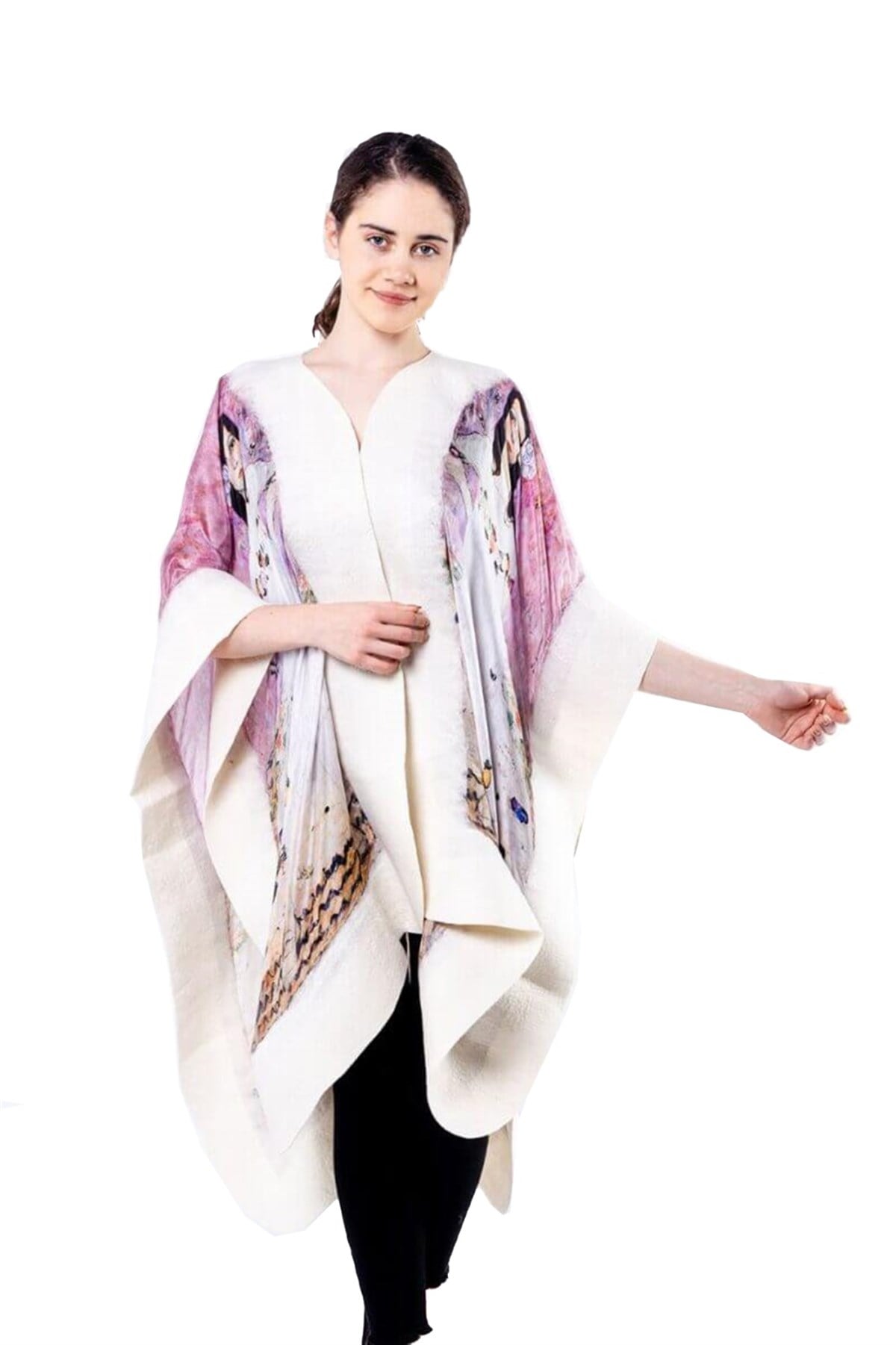 Gustav Klimt Mada Primavesi Beyaz İpek Keçe Panço
