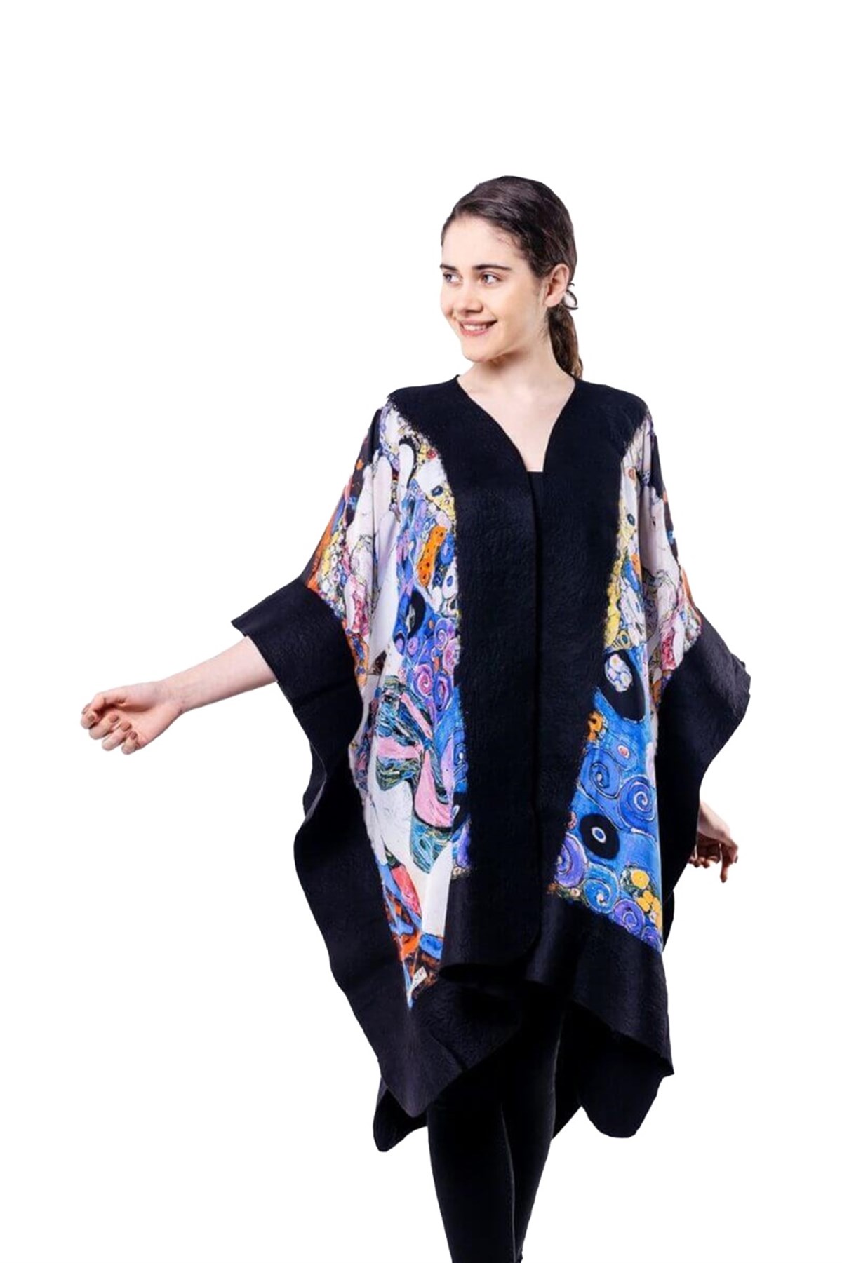 Gustav Klimt The Virgins Siyah İpek Keçe Panço