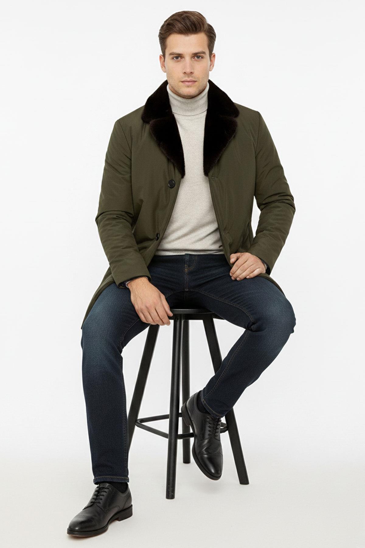 Haki Yeşil Kumaş Hugo Yakası Kürk Su Geçirmez Erkek Kaban