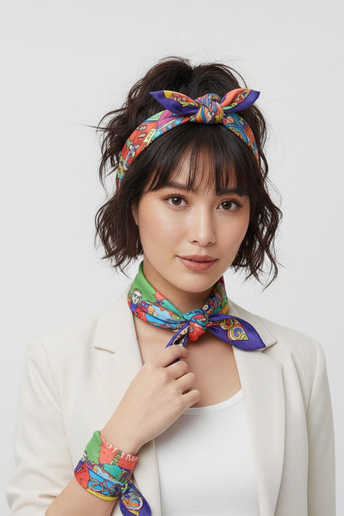 İkigai City Serisi Amsterdam Özel Tasarım El Çizim Renkli Çok Fonksiyonlu Renkli Kare 45X45 Bandana