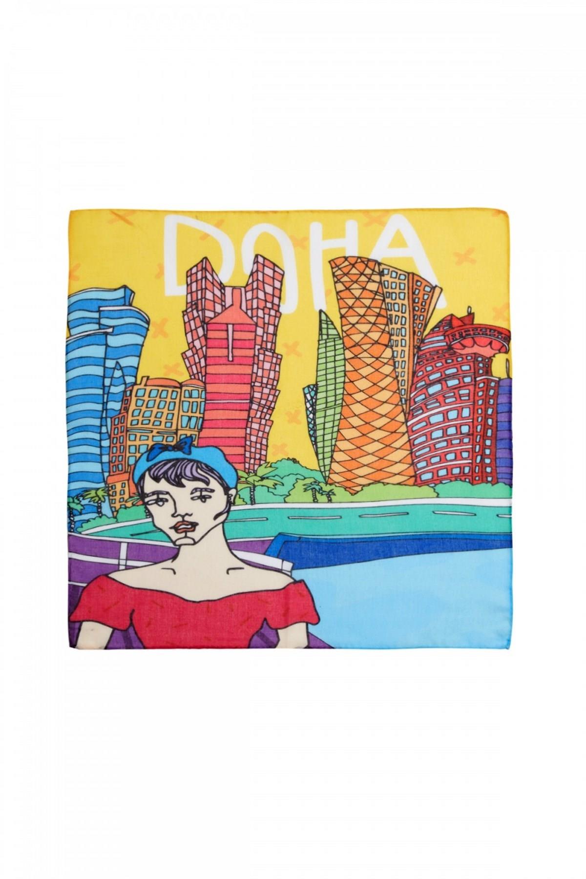 İkigai City Serisi Doha Özel Tasarım El Çizim Renkli Çok Fonksiyonlu Renkli Kare 45X45 Bandana
