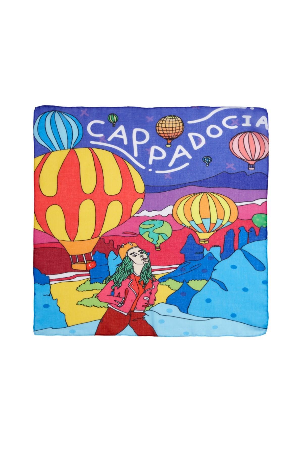İkigai City Serisi Kapadokya Özel Tasarım El Çizim Renkli Çok Fonksiyonlu Renkli Kare 45X45 Bandana
