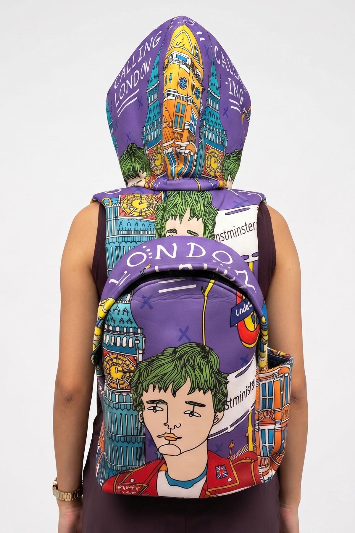Ikigai City Series Back to School London Patterned Detachable Hooded Lightweight Notebook Pocket Backpack