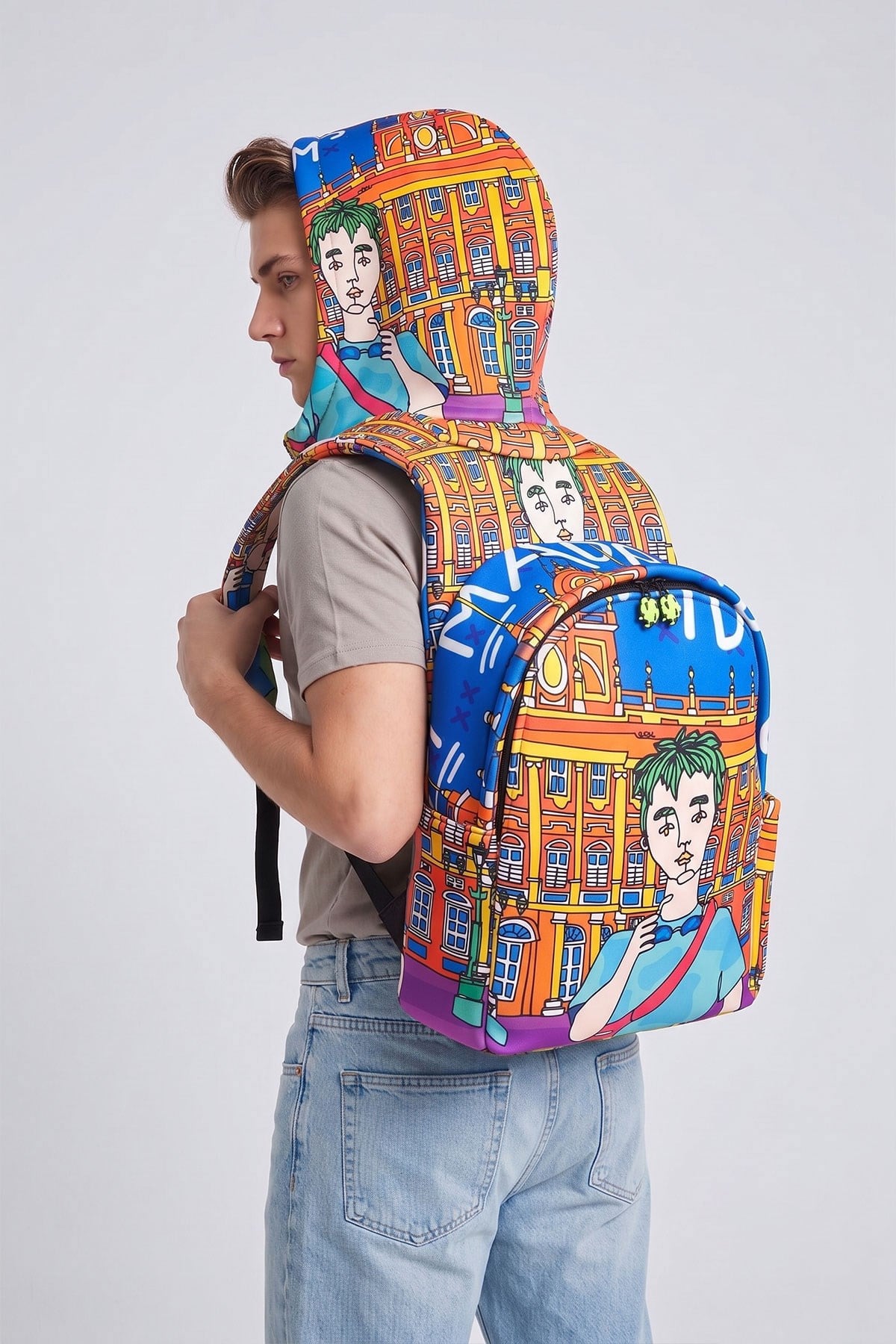Ikigai City Series Back to School Back to School Madrid Patterned Detachable Hooded Lightweight Notebook Pocket Backpack