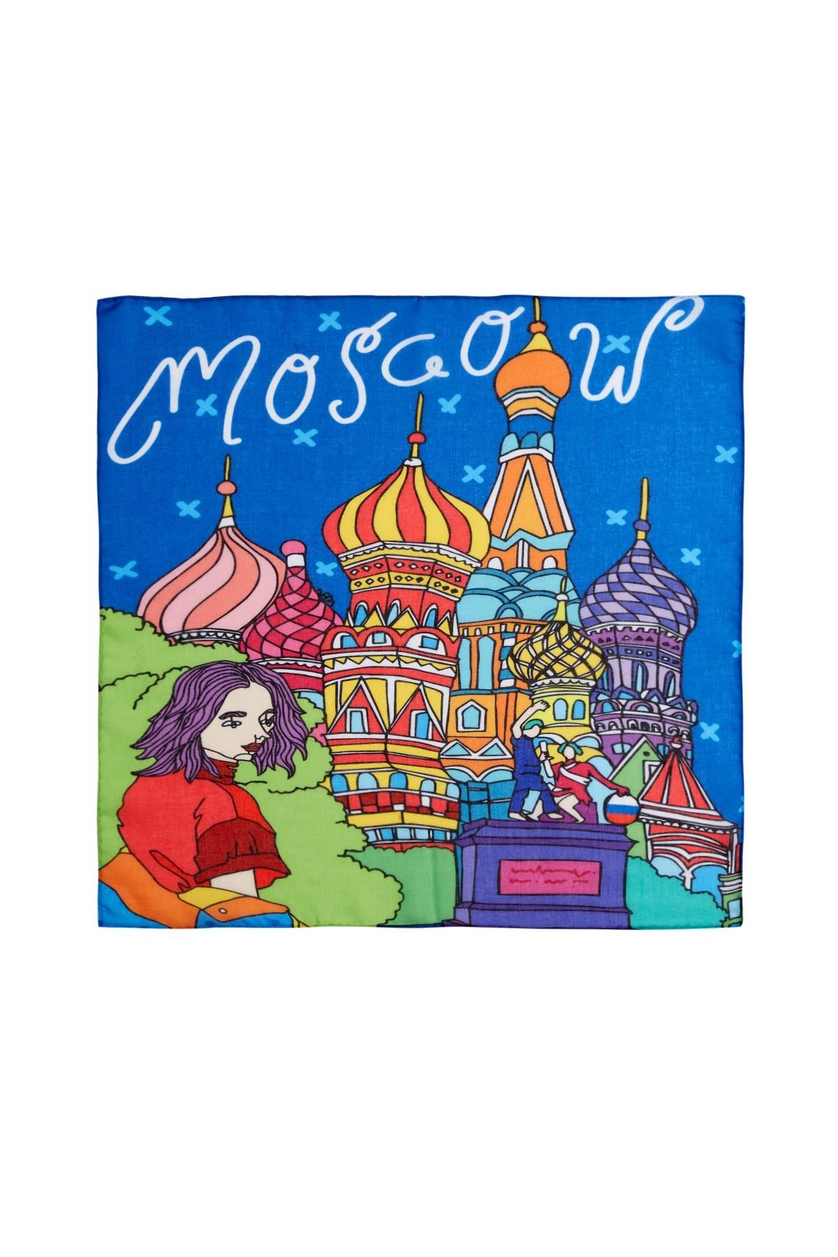 İkigai City Serisi Moskova Özel Tasarım El Çizim Renkli Çok Fonksiyonlu Renkli Kare 45X45 Bandana
