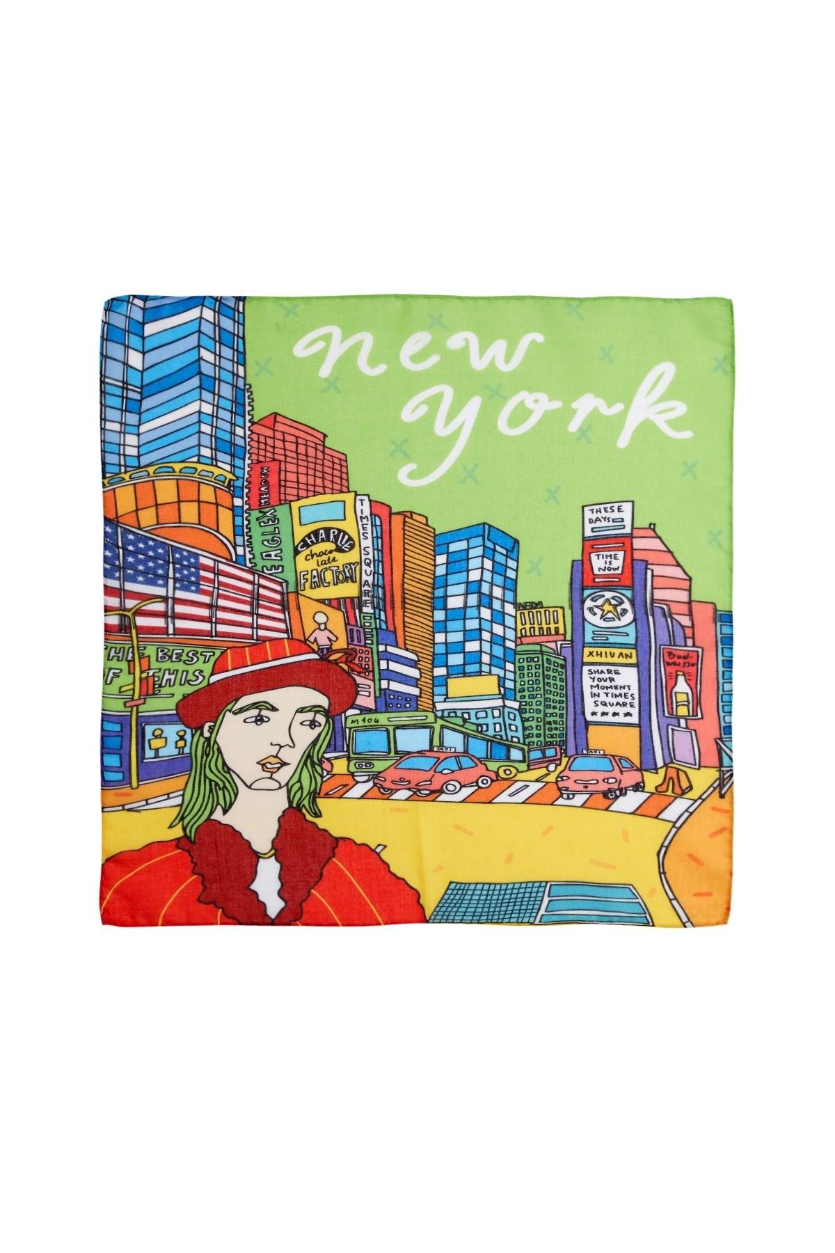 İkigai City Serisi New York Özel Tasarım El Çizim Renkli Çok Fonksiyonlu Renkli Kare 45X45 Bandana