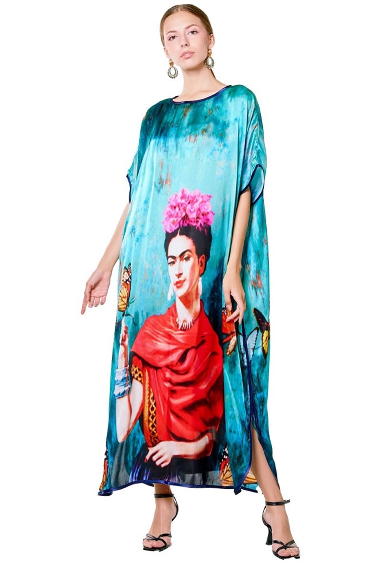 İPEK FRİDA KAHLO BUTTERFLY DESENLİ ELBİSE