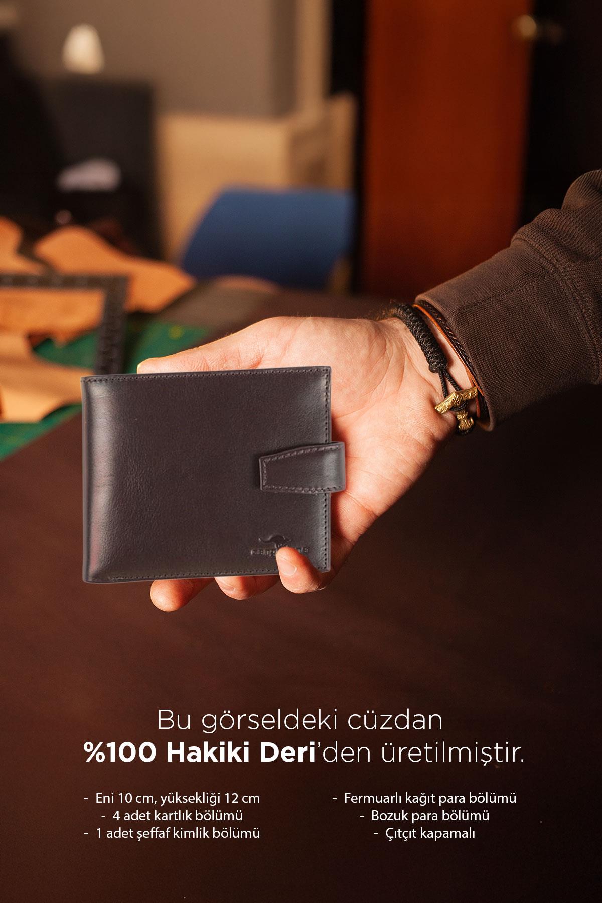 Kahve Hakiki Deri Bozuk para ve Kimlik Gözlü İçi Fermuarlı Erkek Cüzdan